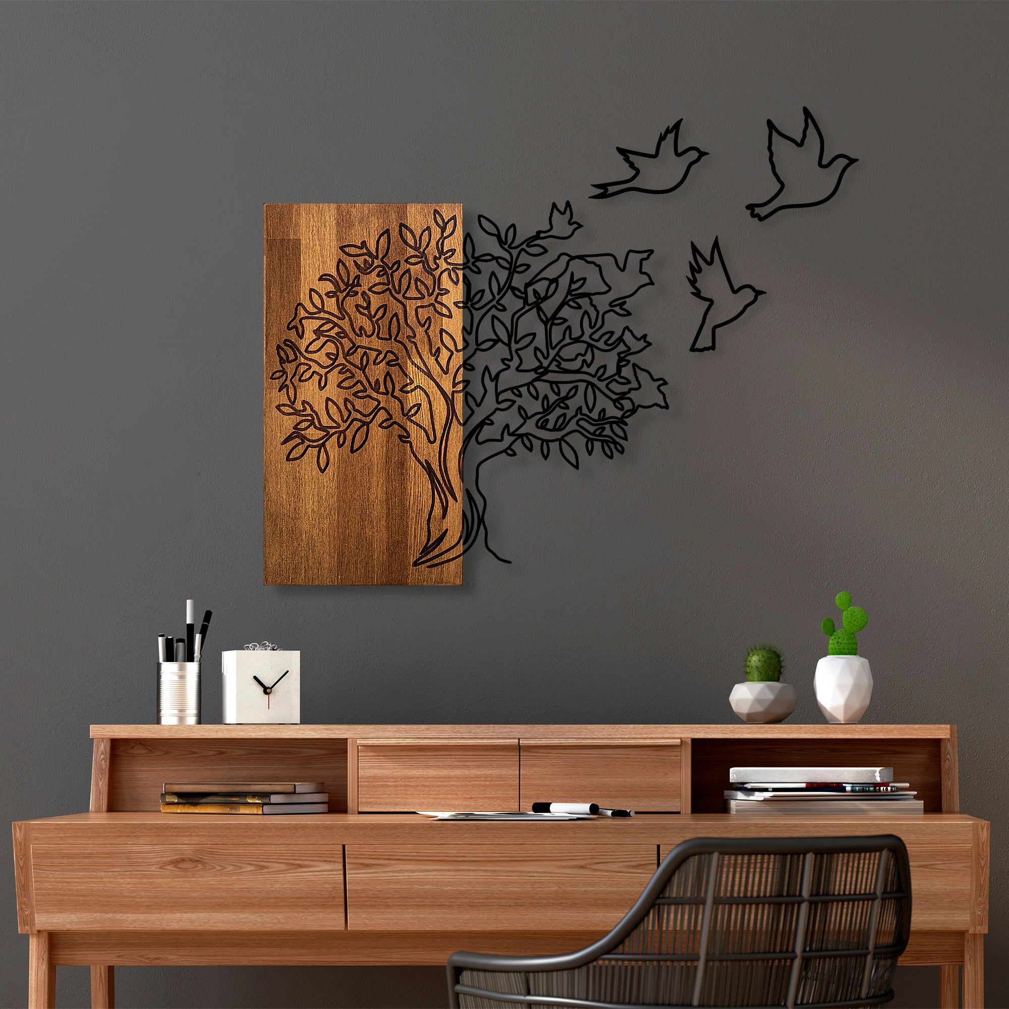 Décoration mural Chiara L61xH58cm Arbre et oiseaux Métal Noir et Bois foncé