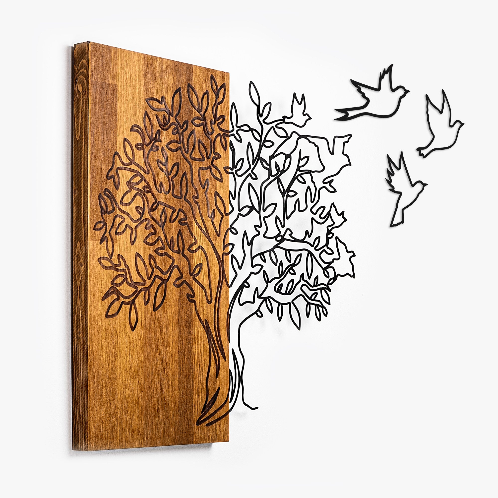 Décoration mural Chiara L61xH58cm Arbre et oiseaux Métal Noir et Bois foncé