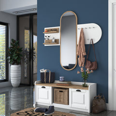 Ensemble porte manteaux mural avec miroir et meuble à chaussures moderne Irrel Bois naturel et Blanc