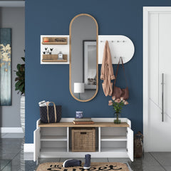 Ensemble porte manteaux mural avec miroir et meuble à chaussures moderne Irrel Bois naturel et Blanc