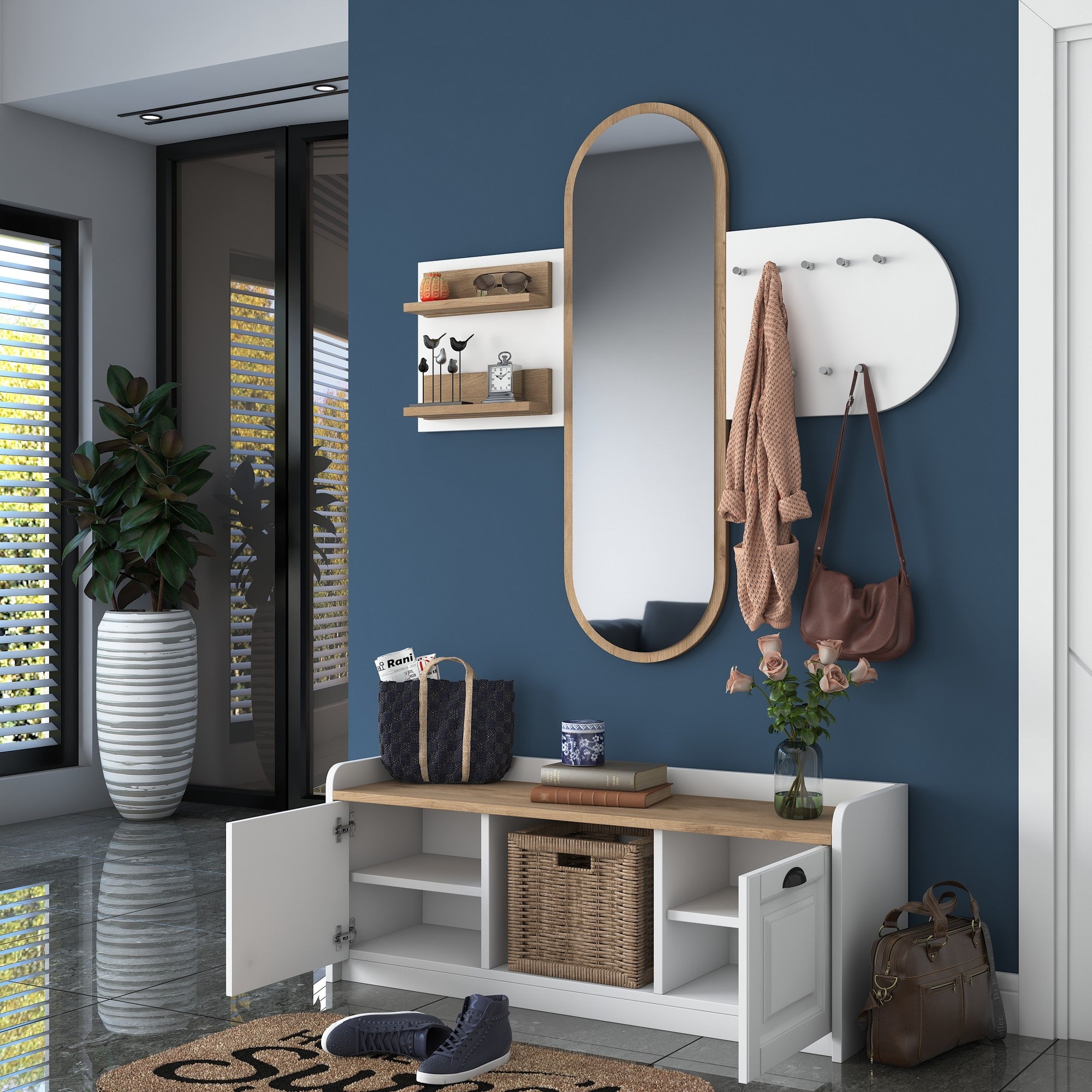 Ensemble porte manteaux mural avec miroir et meuble à chaussures moderne Irrel Bois naturel et Blanc