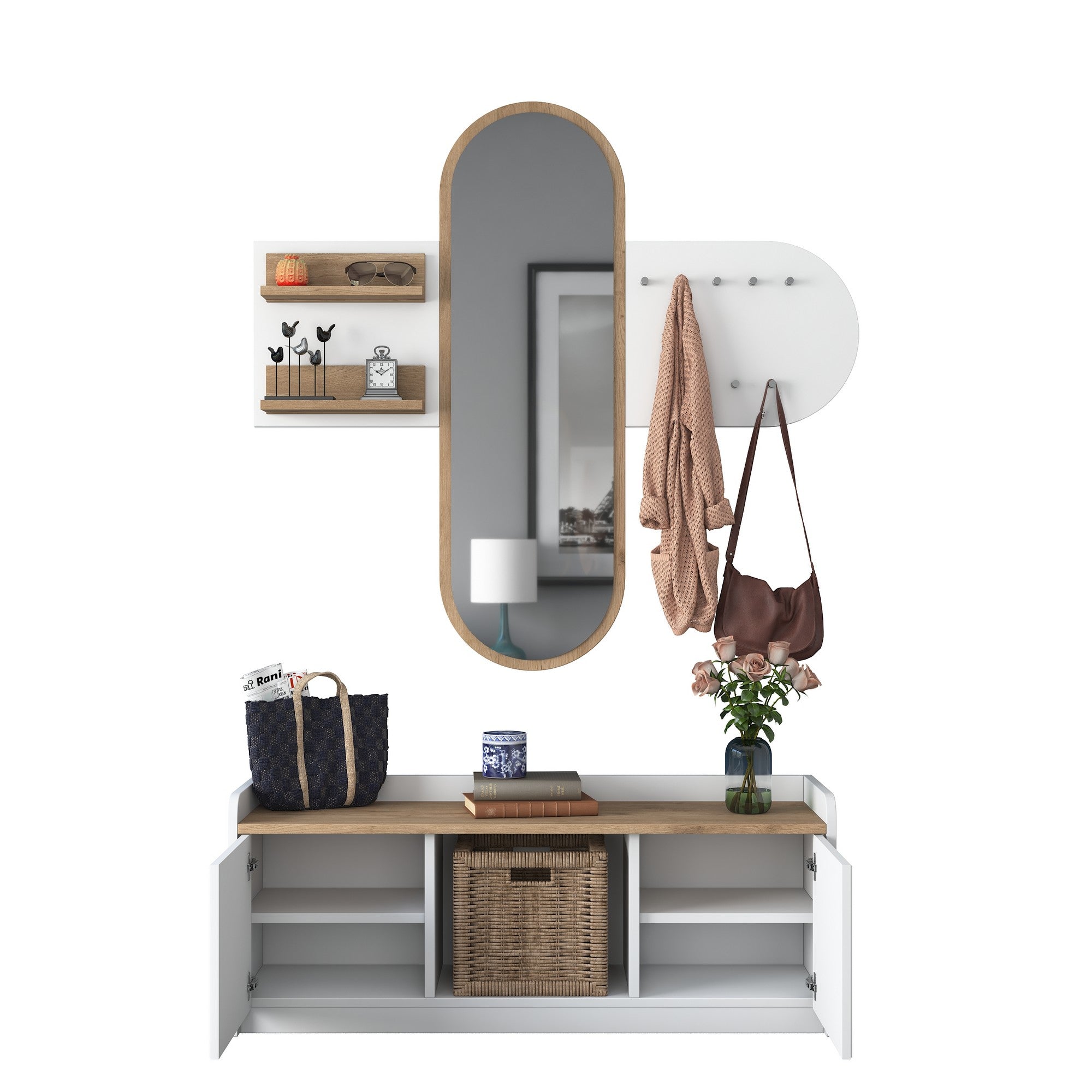 Ensemble porte manteaux mural avec miroir et meuble à chaussures moderne Irrel Bois naturel et Blanc