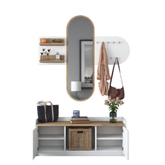 Ensemble porte manteaux mural avec miroir et meuble à chaussures moderne Irrel Bois naturel et Blanc