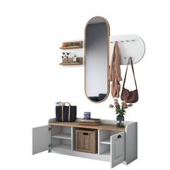 Ensemble porte manteaux mural avec miroir et meuble à chaussures moderne Irrel Bois naturel et Blanc