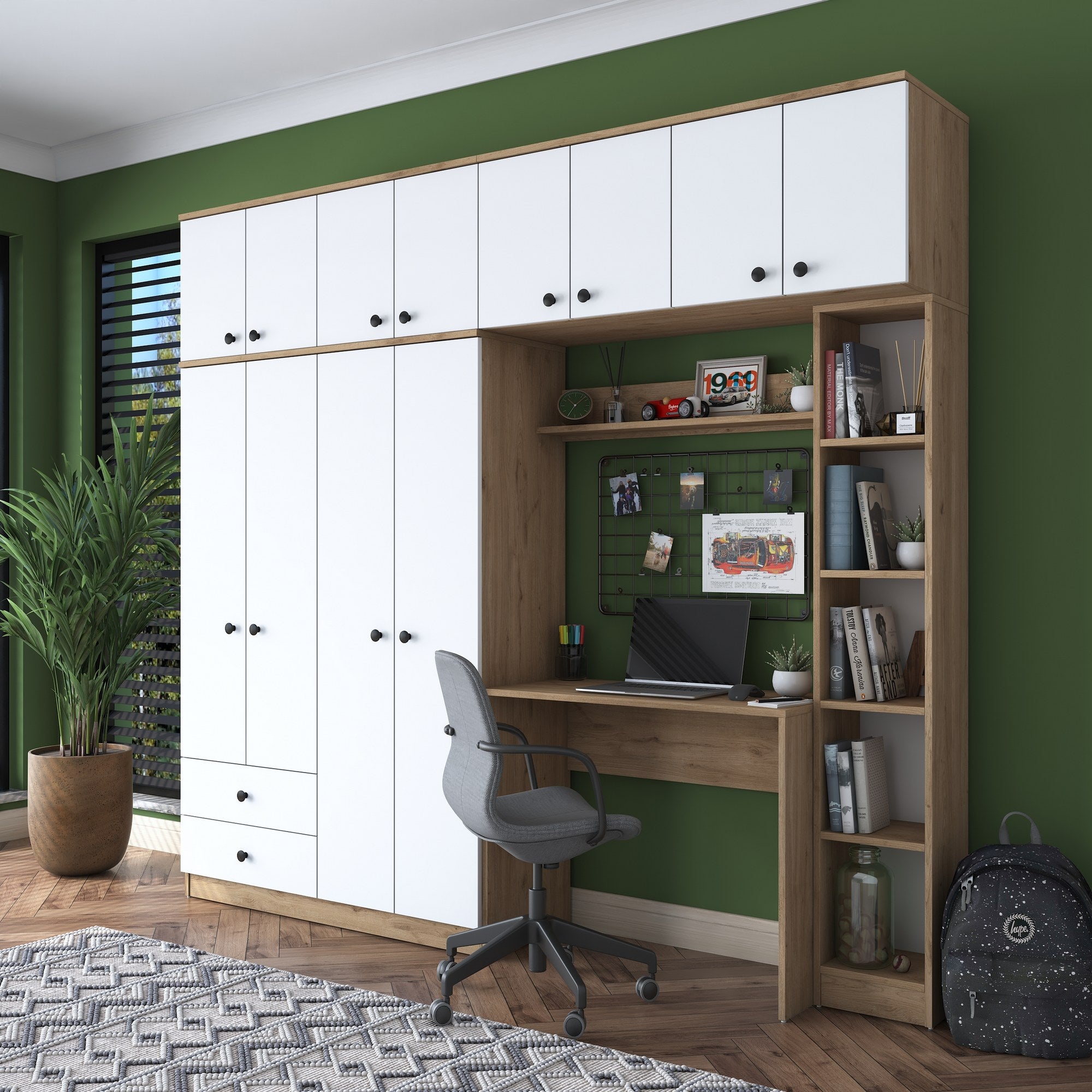 Armoire, bureau et étagère intégrés Dara L240cm Bois foncé et Blanc