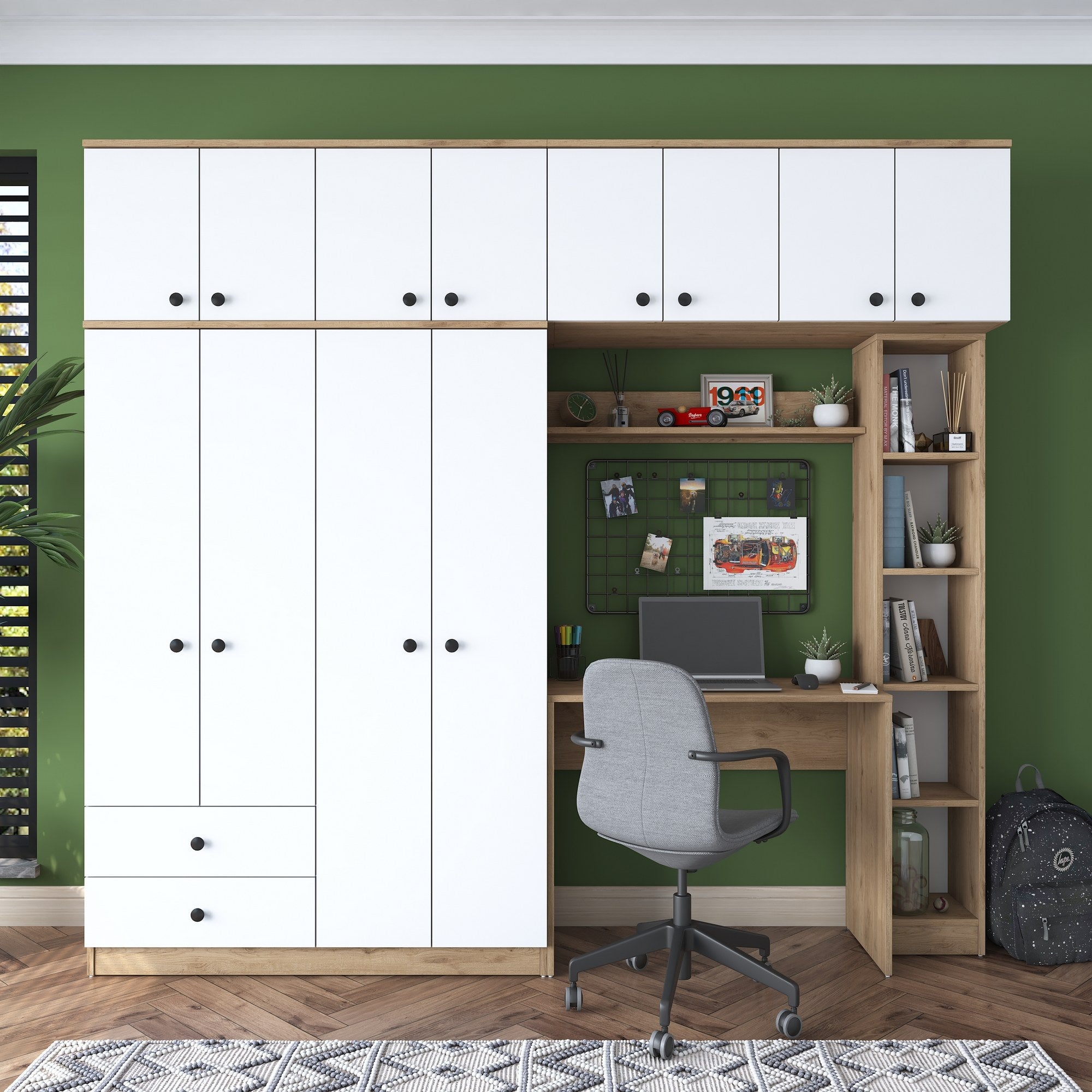 Armoire, bureau et étagère intégrés Dara L240cm Bois foncé et Blanc