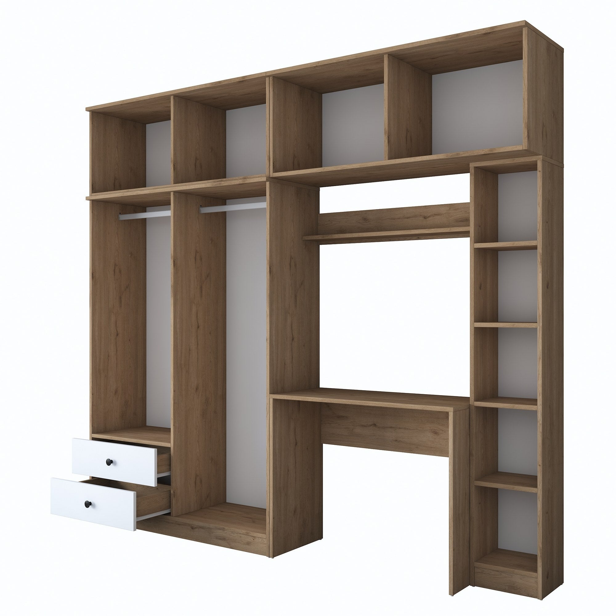 Armoire, bureau et étagère intégrés Dara L240cm Bois foncé et Blanc