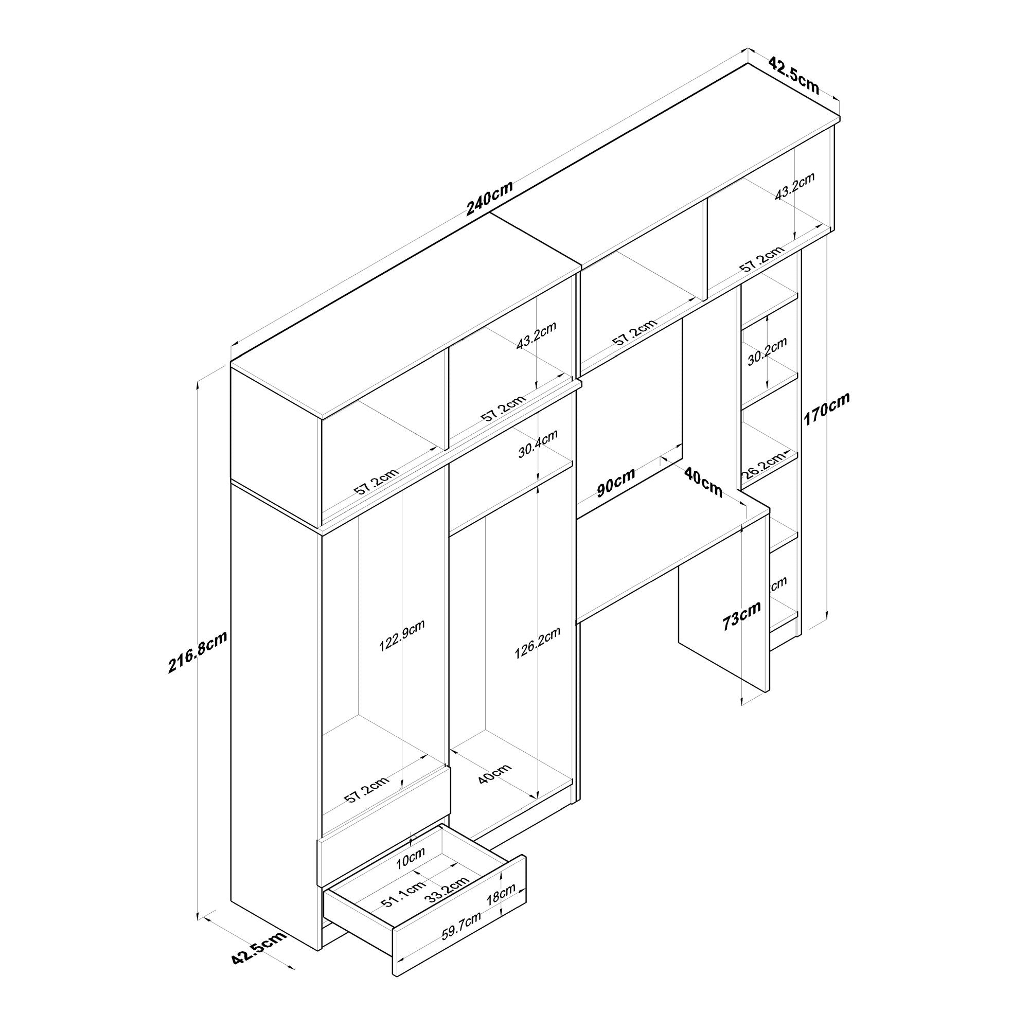 Armoire, bureau et étagère intégrés Dara L240cm Bois foncé et Blanc