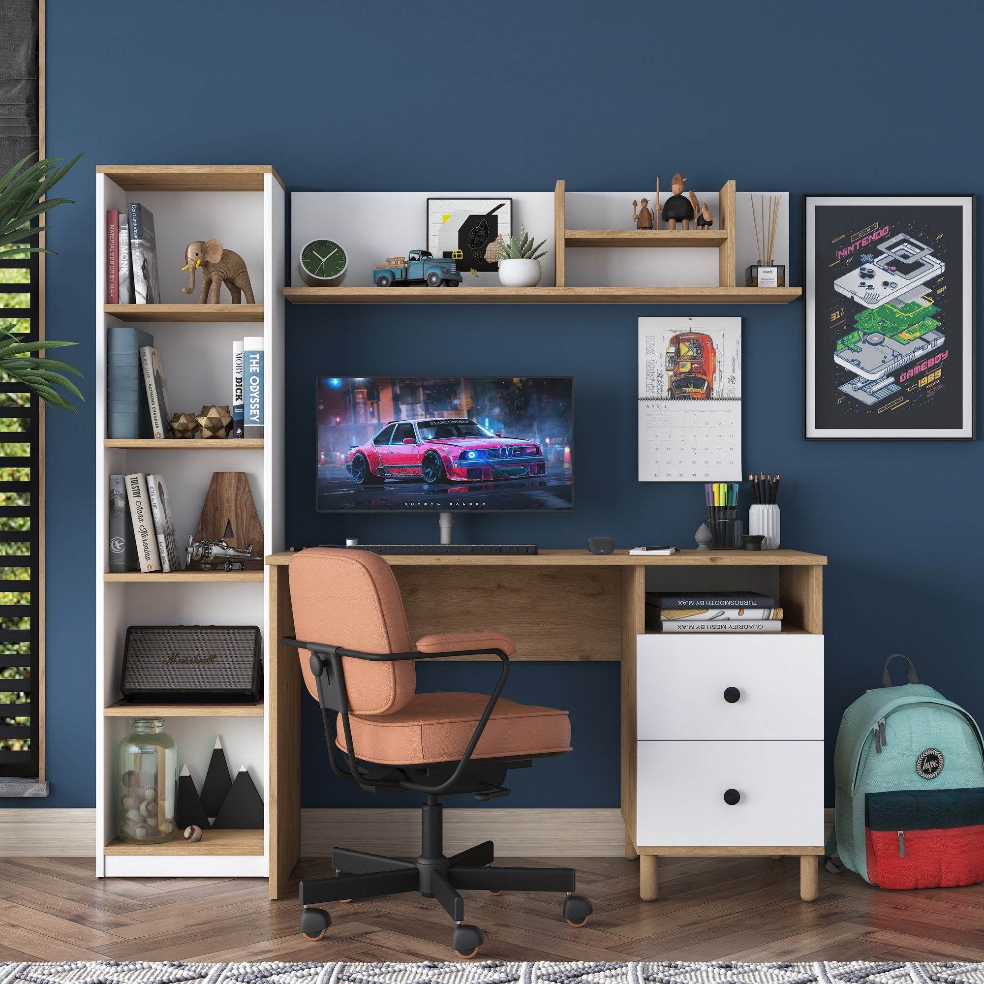 Bureau avec étagère bibliothèque Evrard Bois clair et Blanc