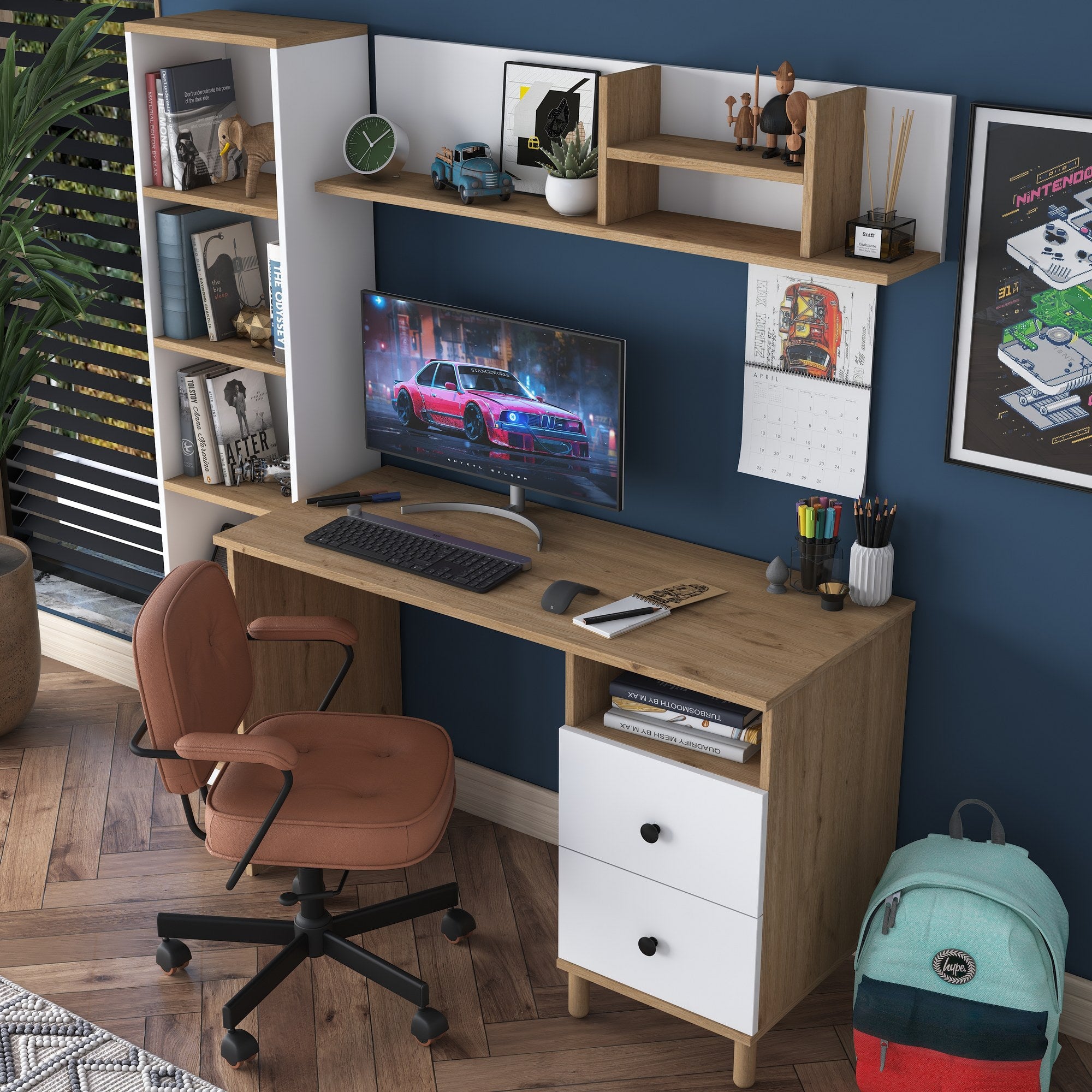 Bureau avec étagère bibliothèque Evrard Bois clair et Blanc