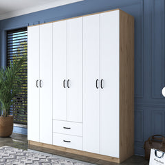 Armoire 6 portes et 2 tiroirs Colibris L180x210cm Bois clair et Blanc