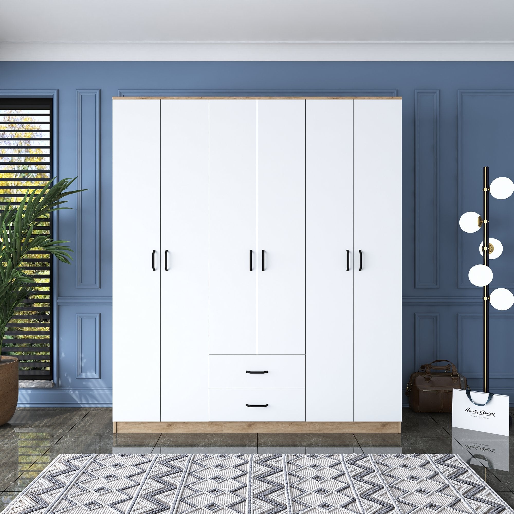 Armoire 6 portes et 2 tiroirs Colibris L180x210cm Bois clair et Blanc