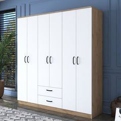 Armoire 4 portes et 2 tiroirs Colibris L180xH190cm Bois clair et Blanc