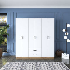 Armoire 4 portes et 2 tiroirs Colibris L180xH190cm Bois clair et Blanc