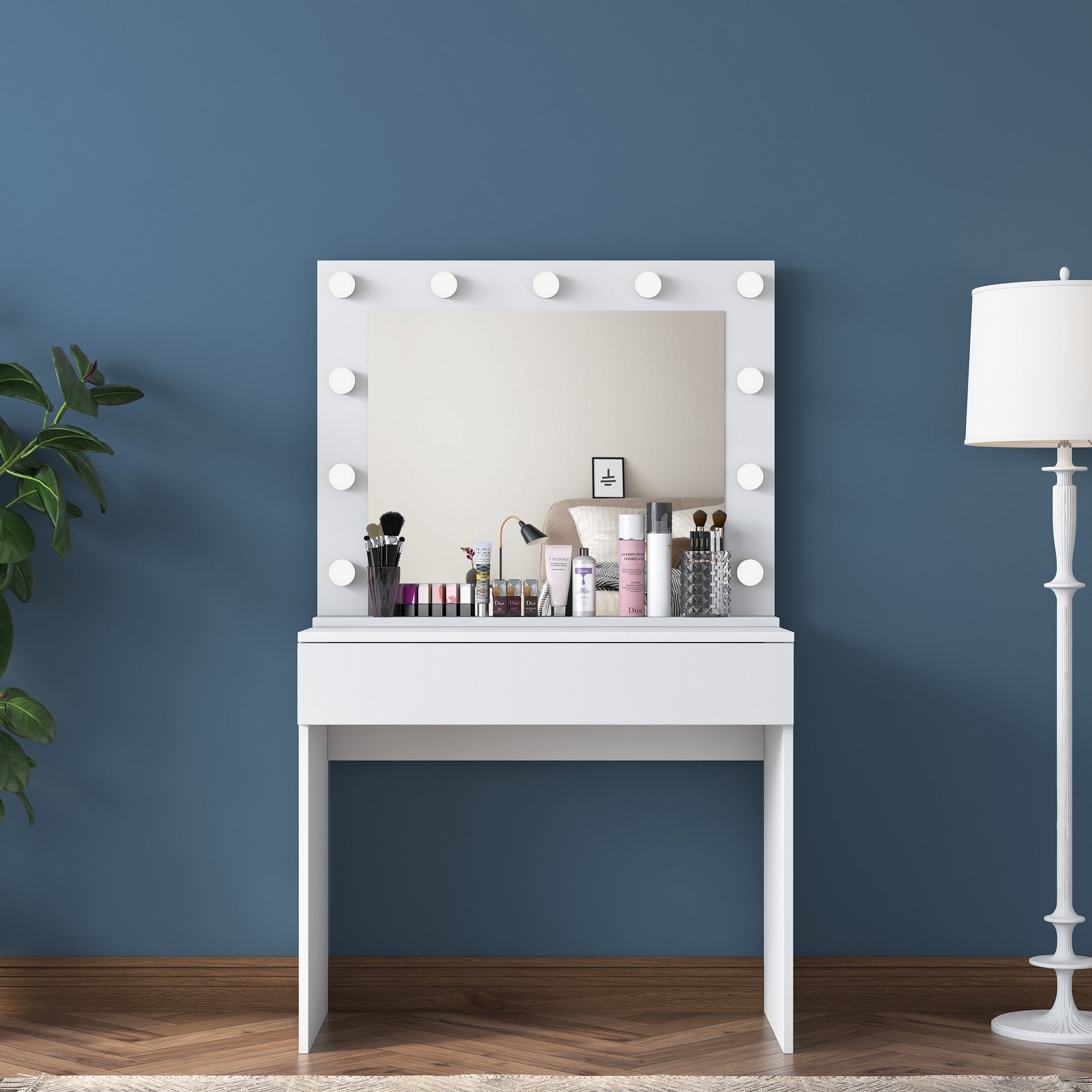 Coiffeuse moderne avec miroir LED Fino L90cm Blanc