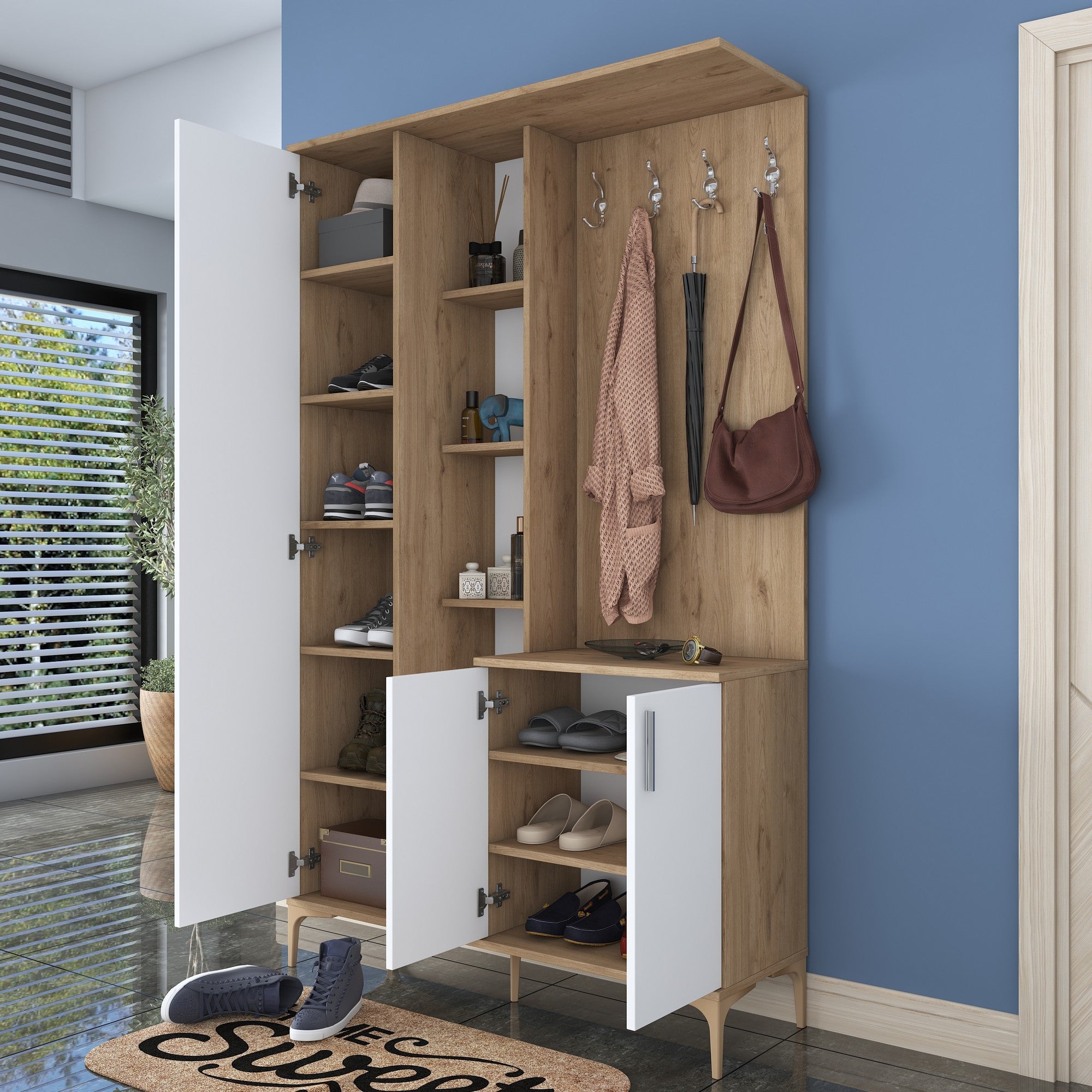 Ensemble armoire de rangement et porte manteau avec miroir Rossy L120cm en bois Chêne clair et Blanc