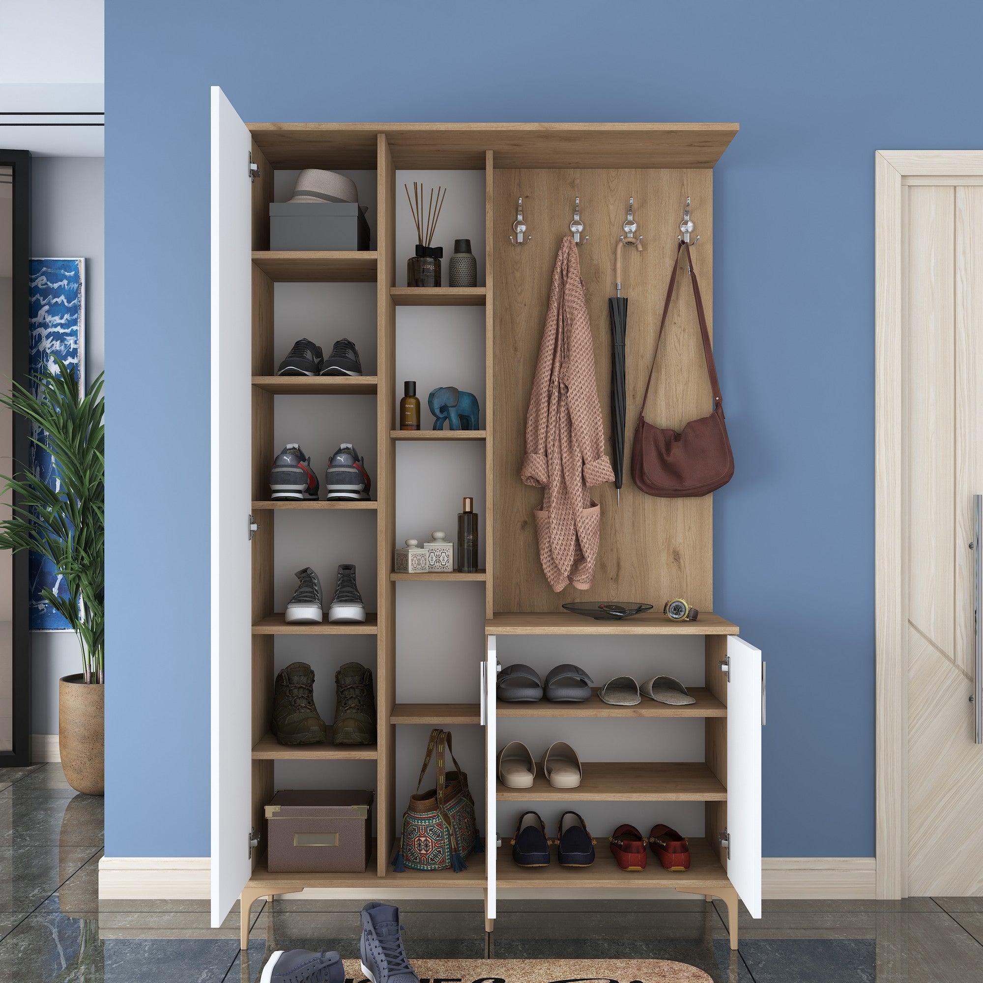 Ensemble armoire de rangement et porte manteau avec miroir Rossy L120cm en bois Chêne clair et Blanc