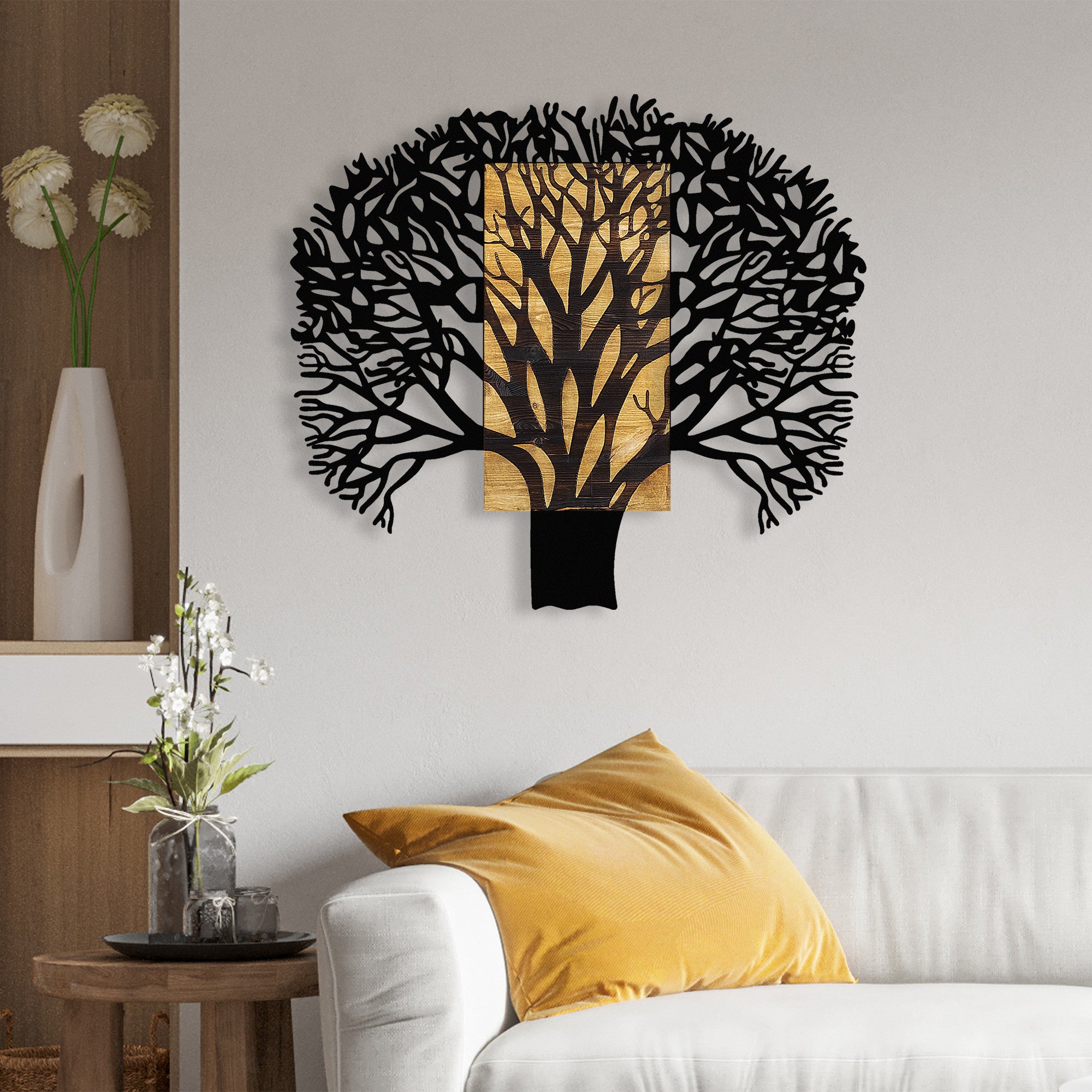 Décoration murale Chiara L93xH86cm Haut de grand arbre Métal Noir et Bois foncé