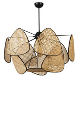 Suspension Style vintage avec cannage Hella L70cm Motif Triangles Rotin Naturel et Métal Noir