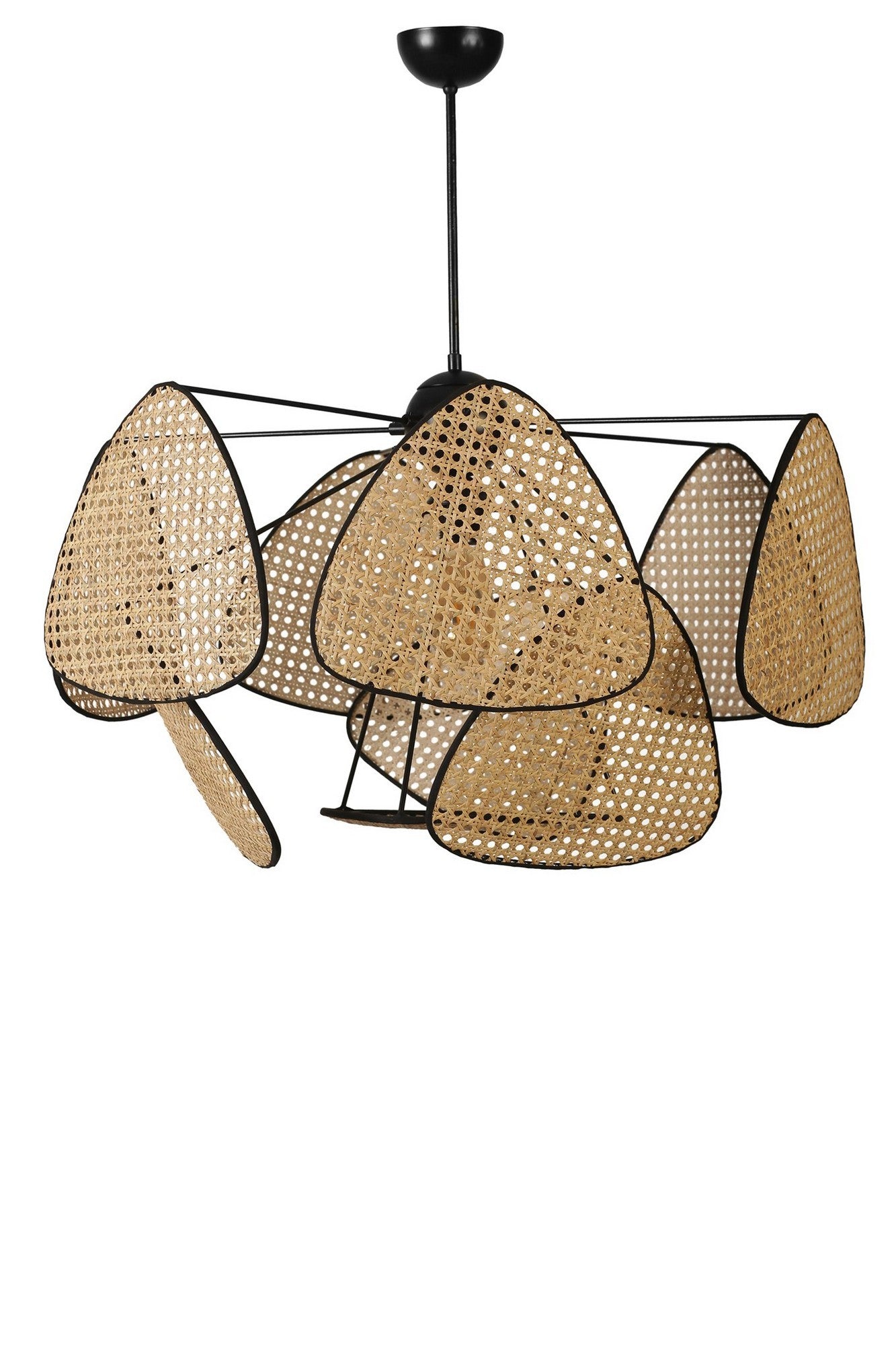 Suspension Style vintage avec cannage Hella L70cm Motif Triangles Rotin Naturel et Métal Noir