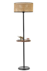 Lampadaire design avec table d'appoint integrée Genzo H160cm Cannage Beige, Bois massif foncé et Métal Noir