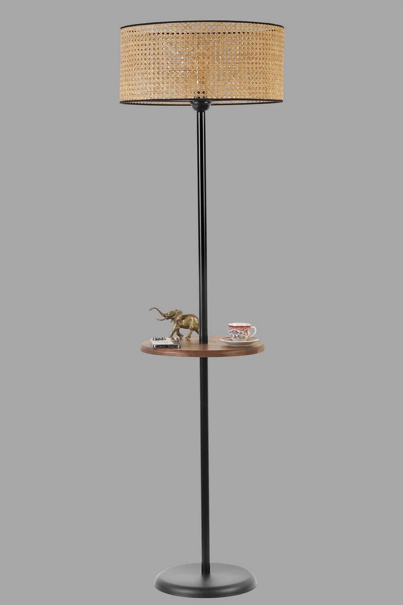 Lampadaire design avec table d'appoint integrée Genzo H160cm Cannage Beige, Bois massif foncé et Métal Noir