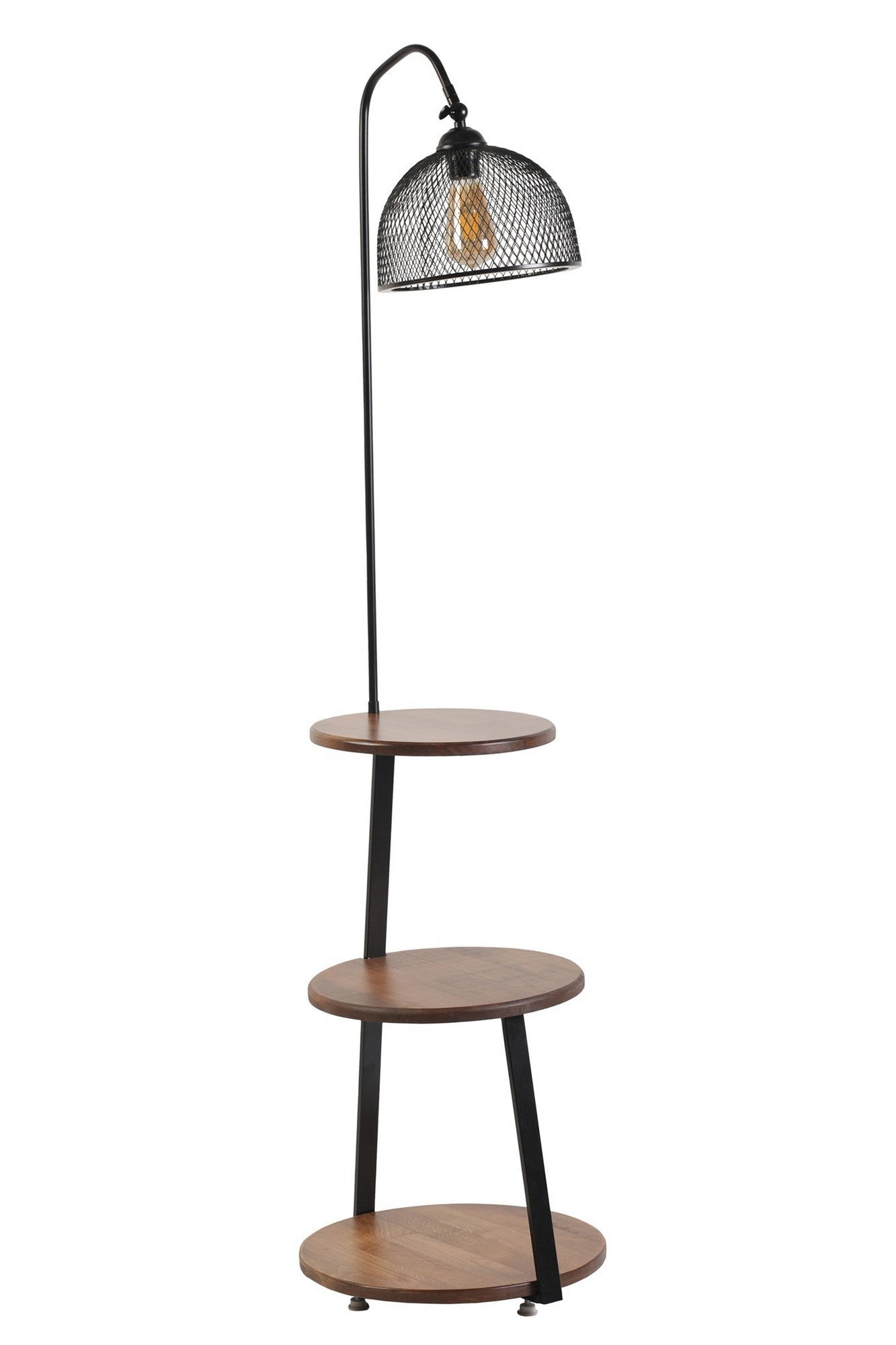 Lampadaire filaire avec table d'appoint intégrée à 3 plateaux Neres H160cm Bois massif foncé et Métal Noir