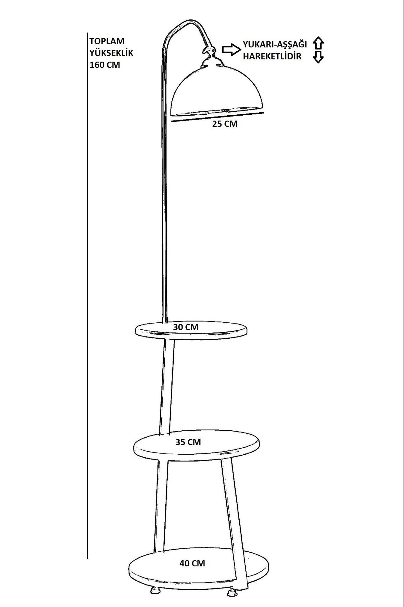 Lampadaire filaire avec table d'appoint intégrée à 3 plateaux Neres H160cm Bois massif foncé et Métal Noir