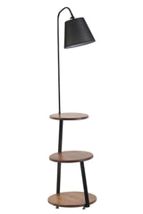 Lampadaire avec table d'appoint intégrée 3 plateaux Neres H160cm Bois massif foncé, Tissu et Métal Noir