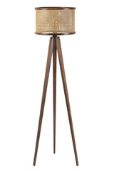 Lampadaire trépied Gykati H155cm Abat jour à cannage Rotin Beige et support Bois foncé