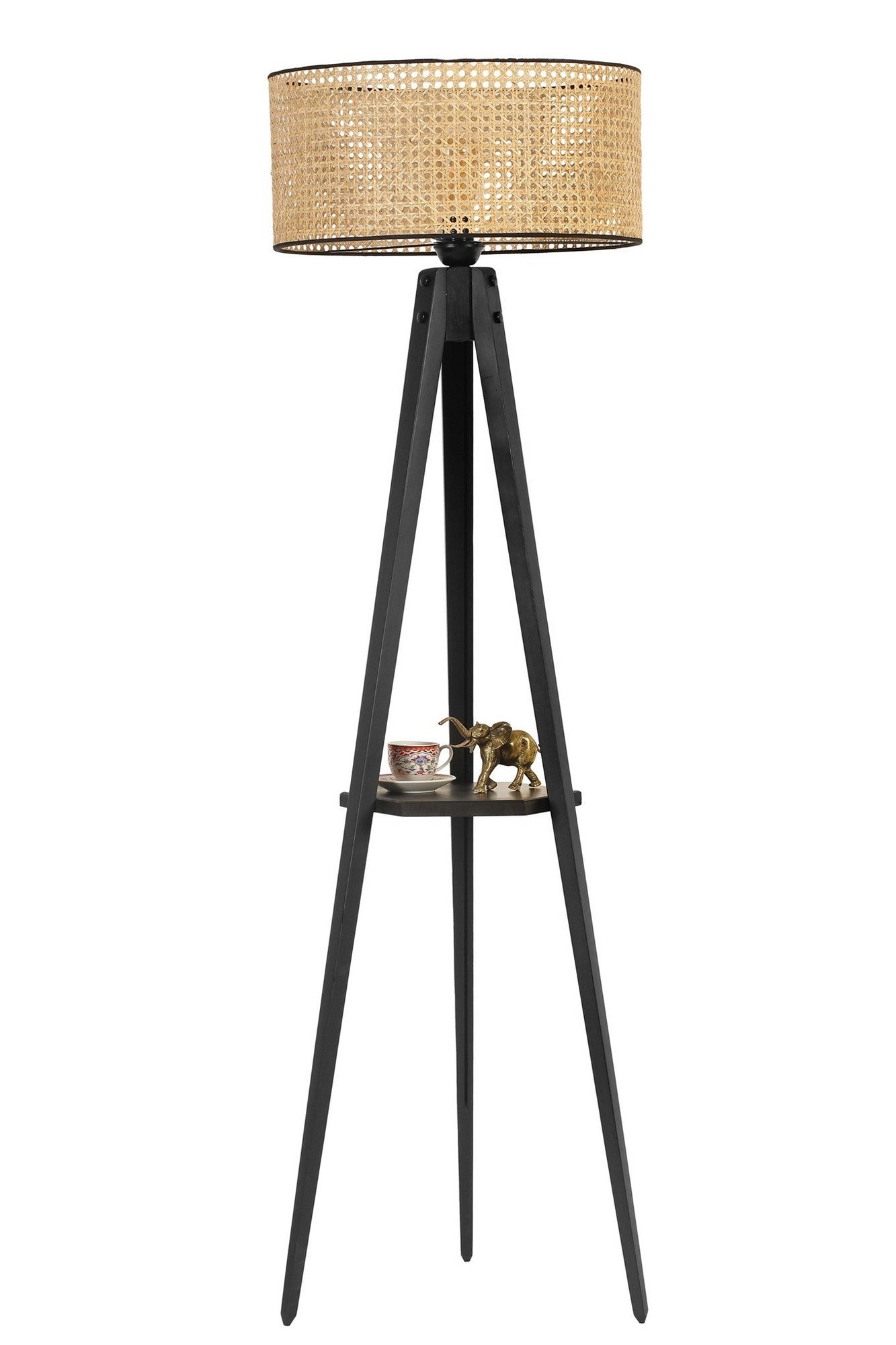 Lampadaire design avec table d'appoint intégrée Trepido L155cm Abat jour à cannage Beige avec support Bois Noir