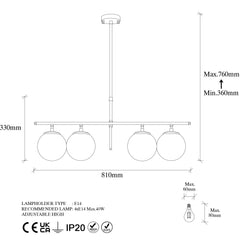 Suspension 4 lampes Lampy L81cm Verre Transparent et Métal Or