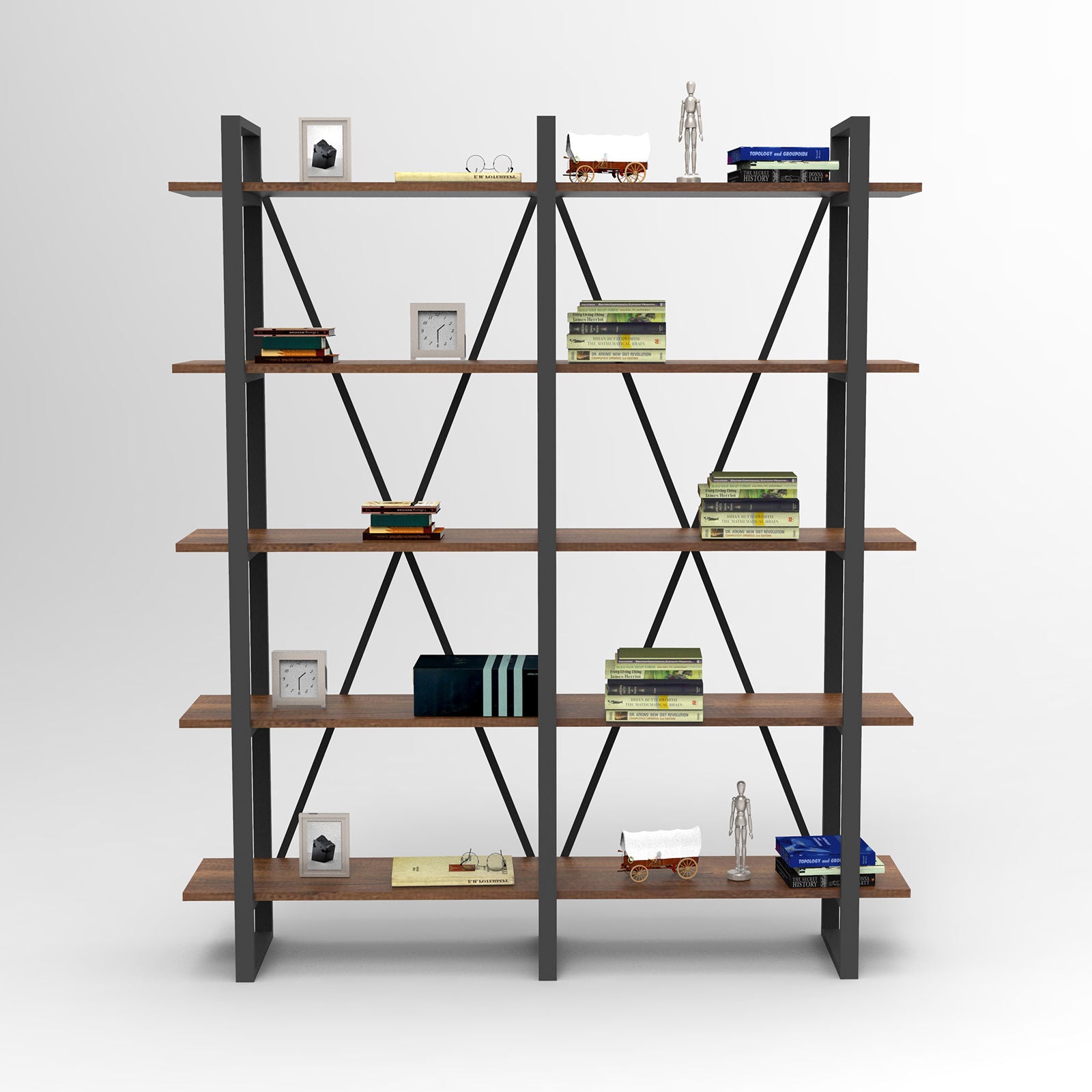 Étagère bibliothèque style industriel Ulid L155cm Bois foncé et Métal Noir