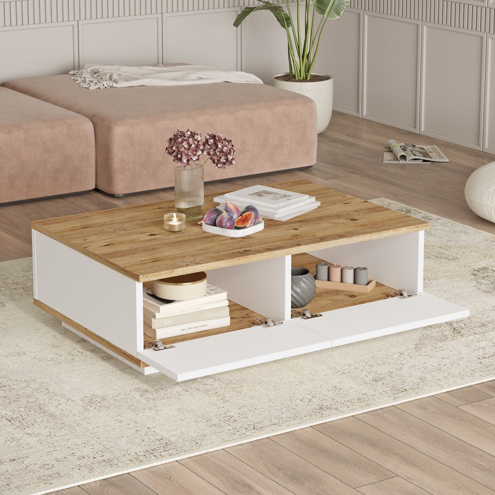 Ensemble meuble tv et table basse Unes Bois clair et Blanc