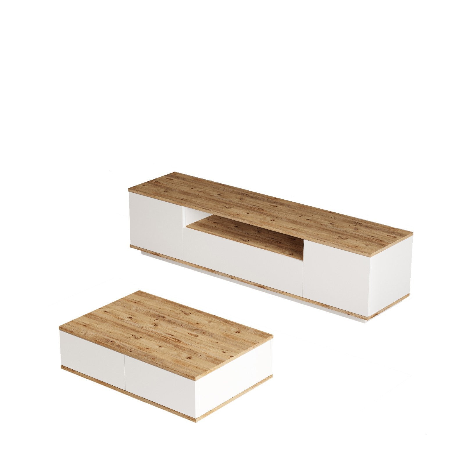 Ensemble meuble tv et table basse Unes Bois clair et Blanc