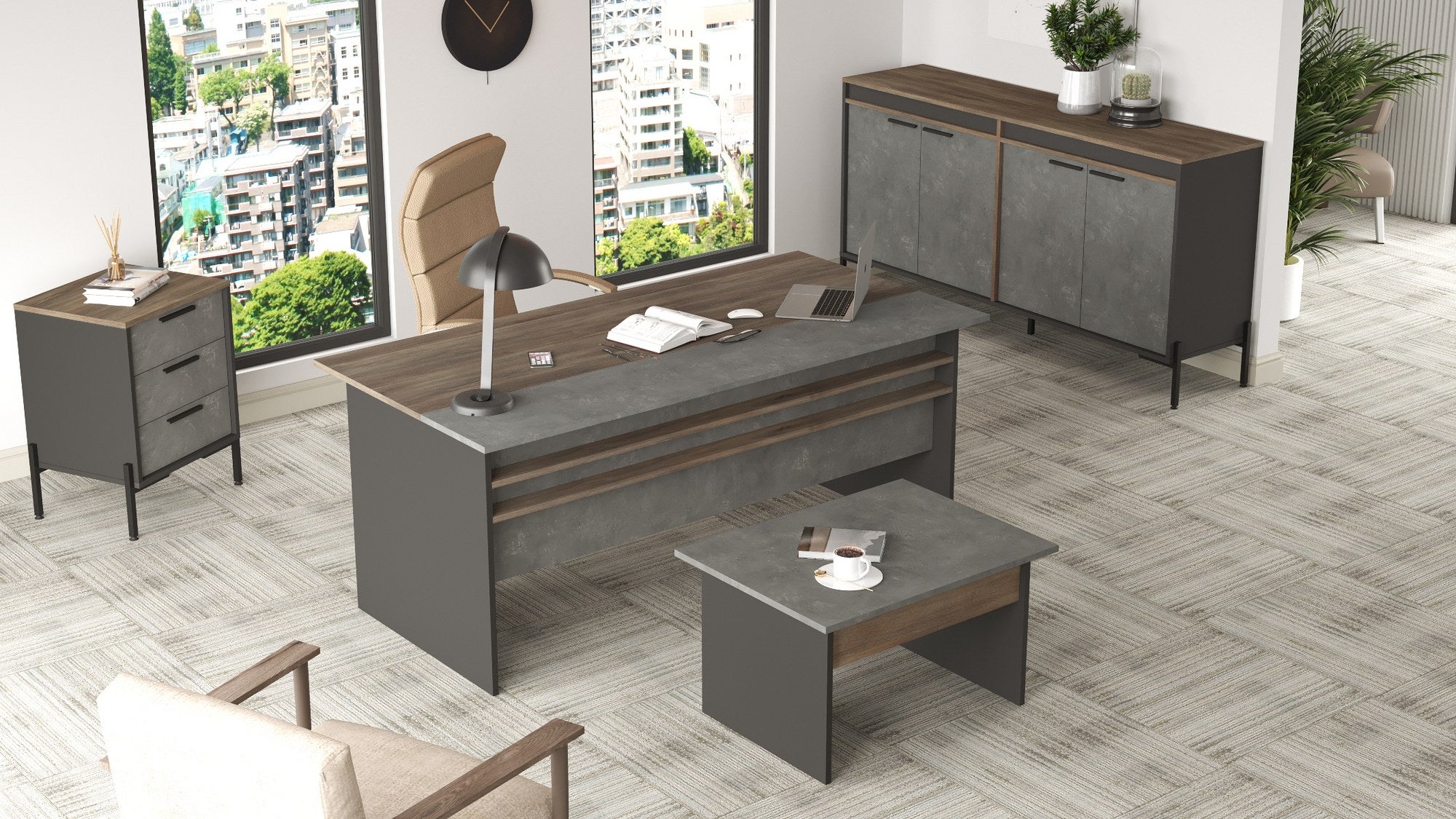 Ensemble de bureau 4 pièces Harvey Bois foncé et Effet béton Gris