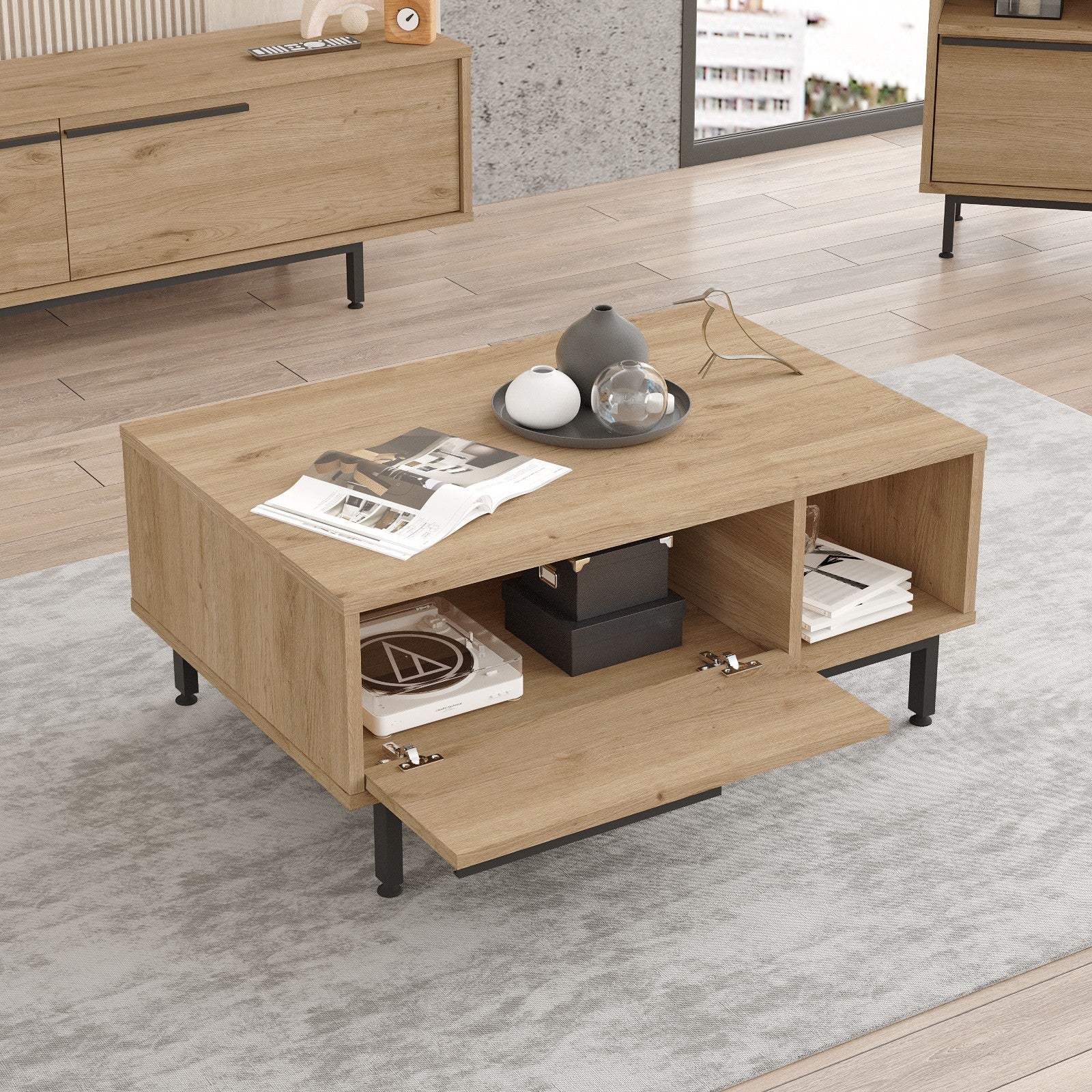 Table basse avec rangement Evelis L90cm Bois clair