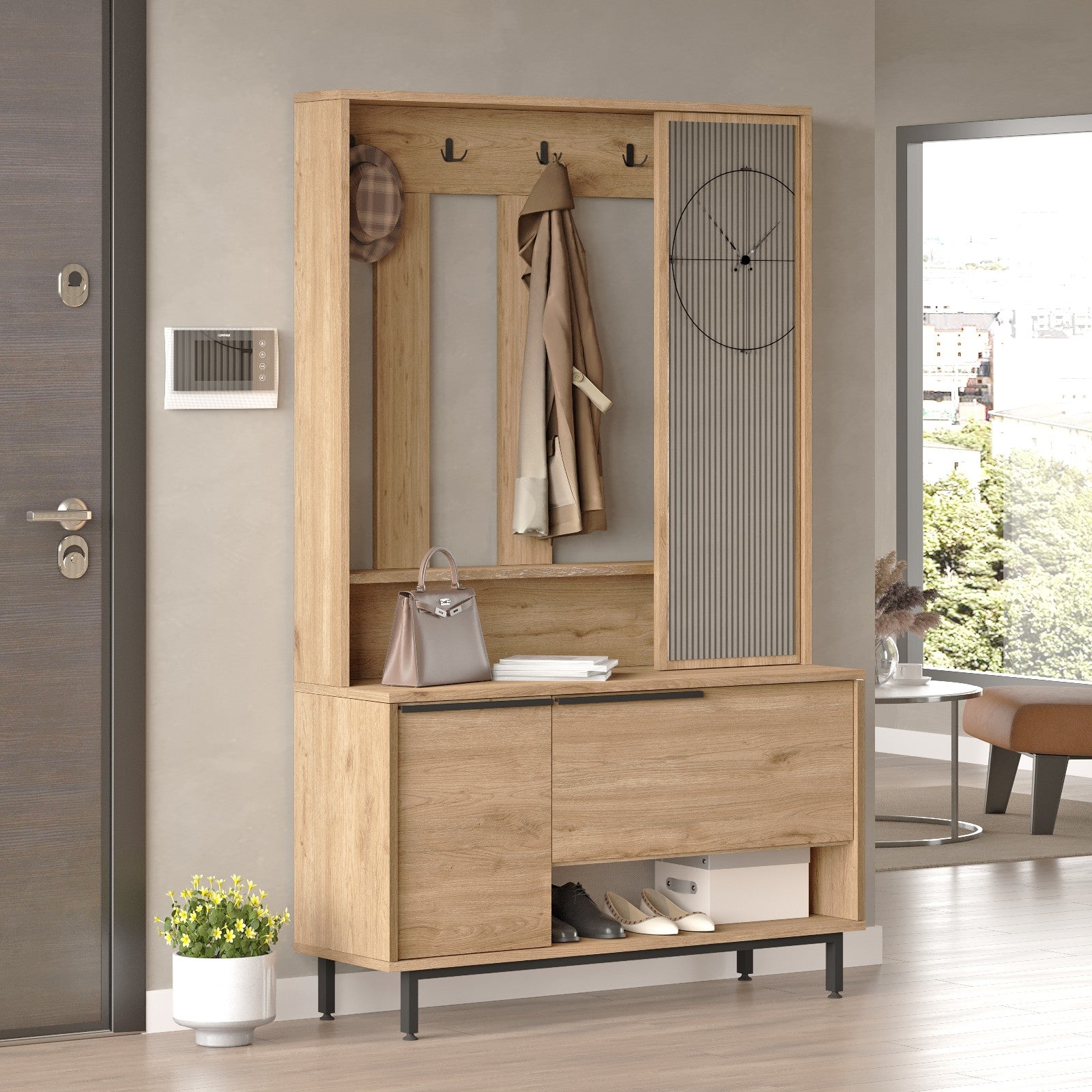 Meuble d'entrée avec miroir Evelis L112cm Bois clair