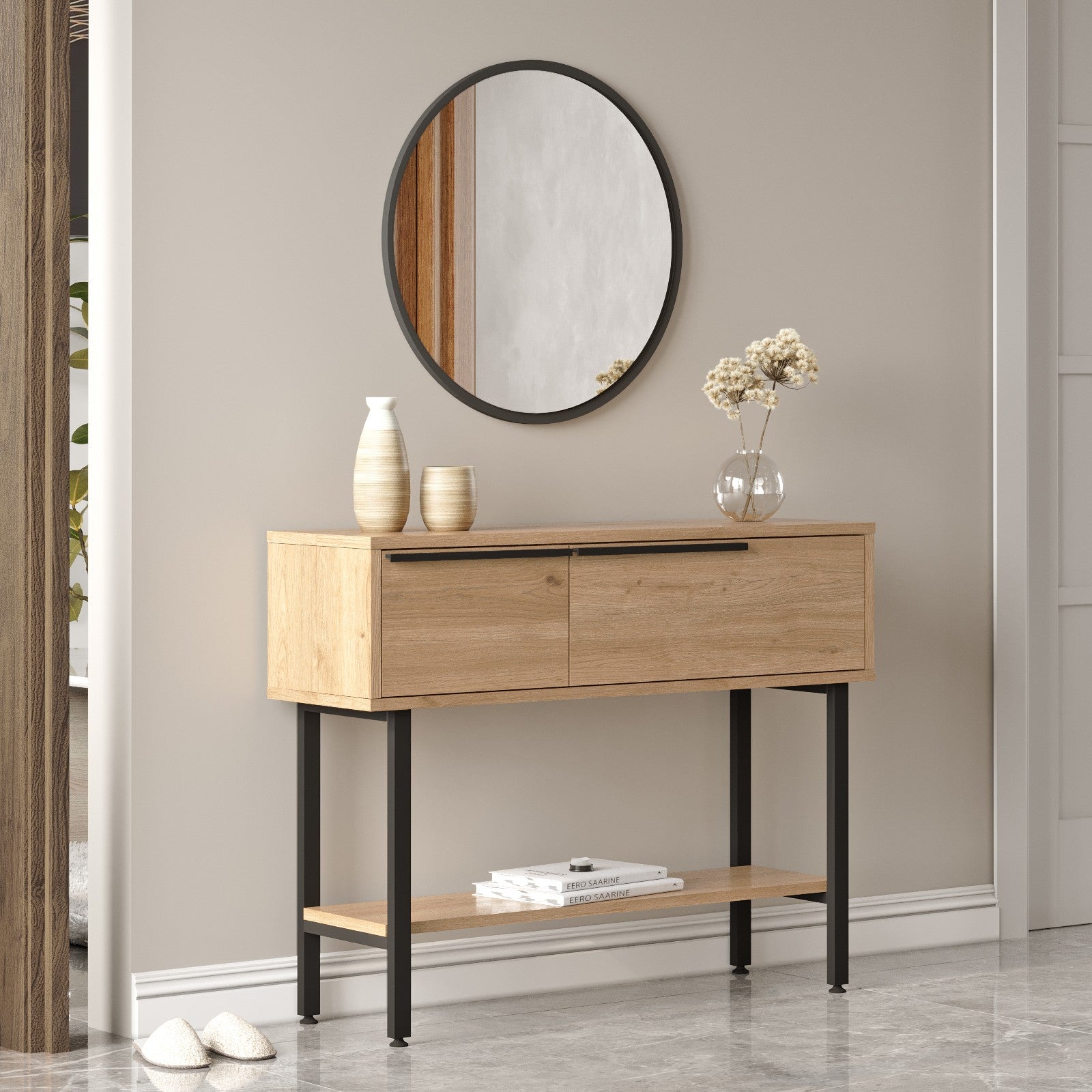 Console style industriel avec miroir Evelis Bois clair et Anthracite