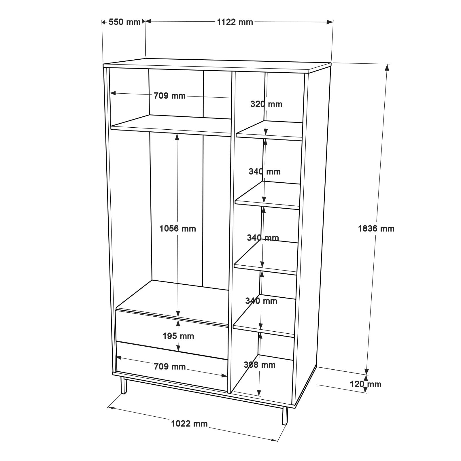 Armoire 3 portes et 2 tiroirs Evelis L112cm Bois foncé