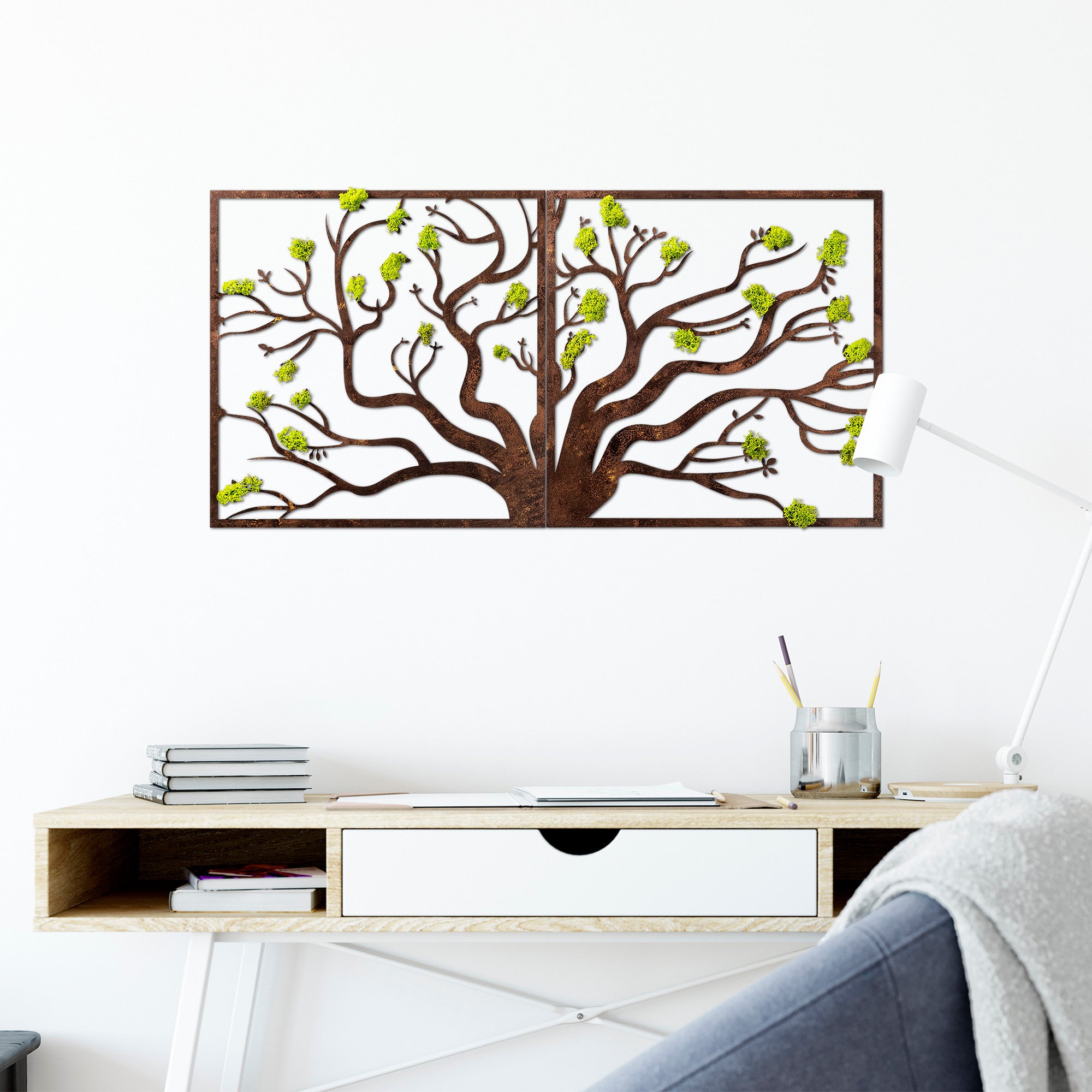 Accessoire mural décoratif Ornatio arbre encadré Bois foncé Mousse Vert