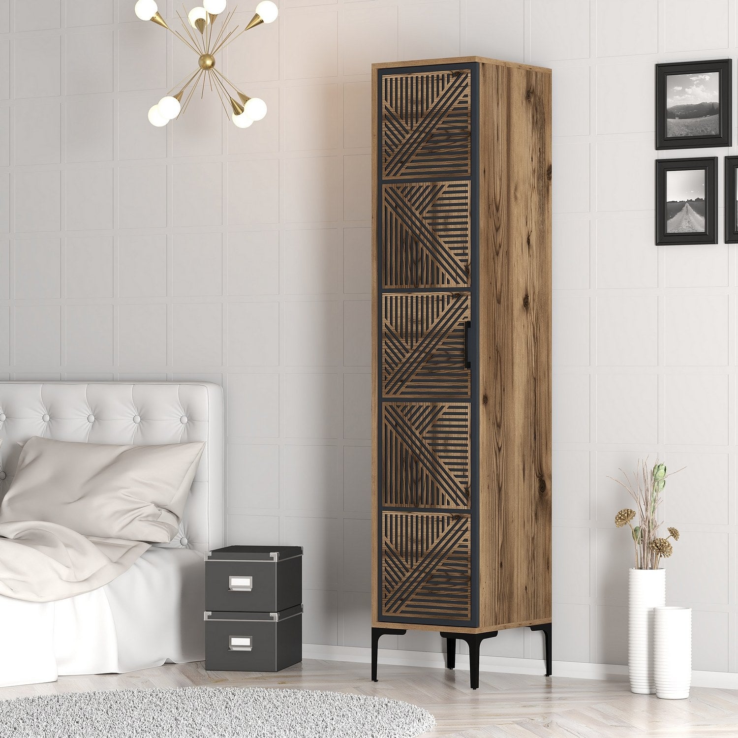 Armoire 1 porte style industriel Akay L40cm Motif Géométrique Bois foncé et Anthracite