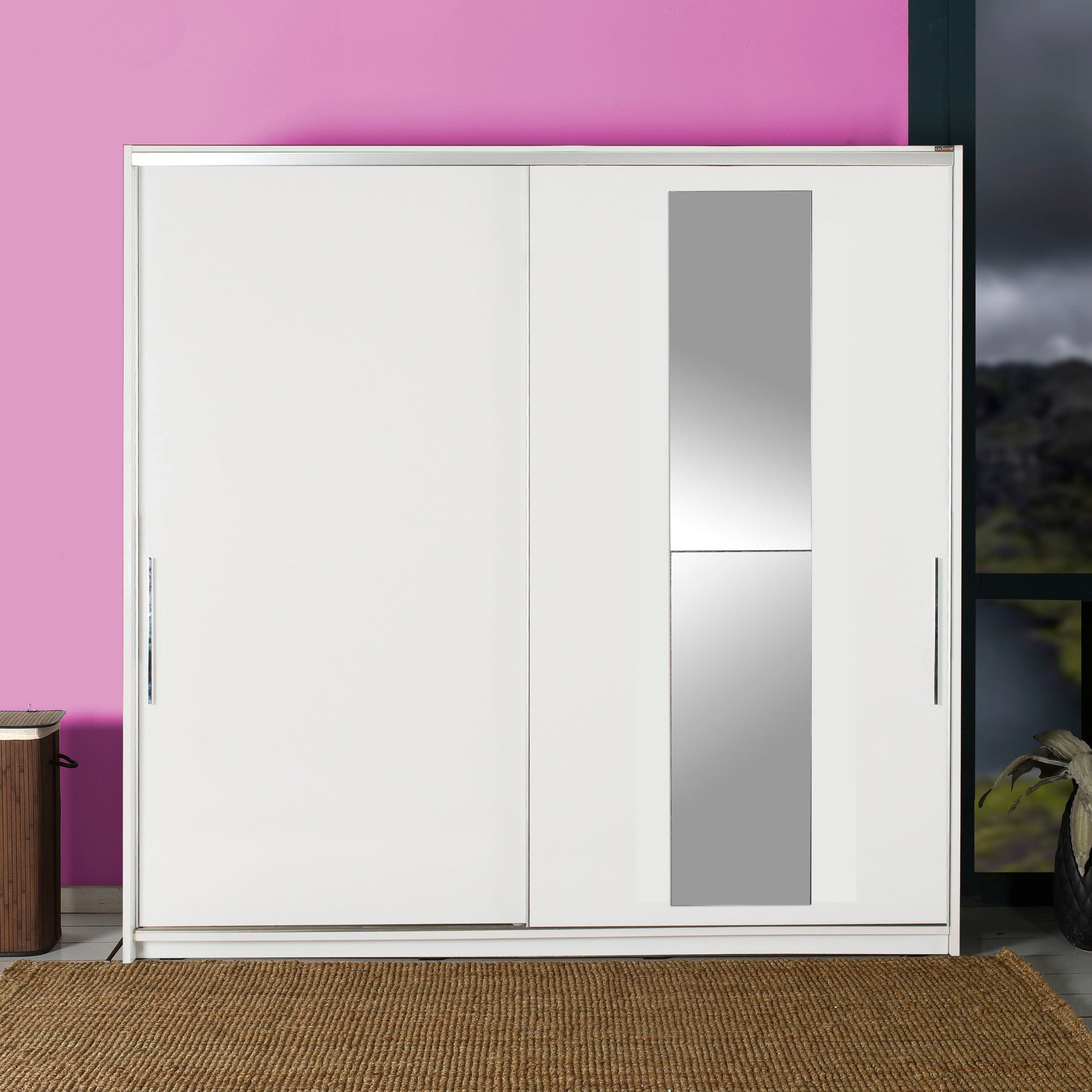 Armoire 2 portes coulissantes et 3 tringles avec miroir Hoteo L160cm Blanc