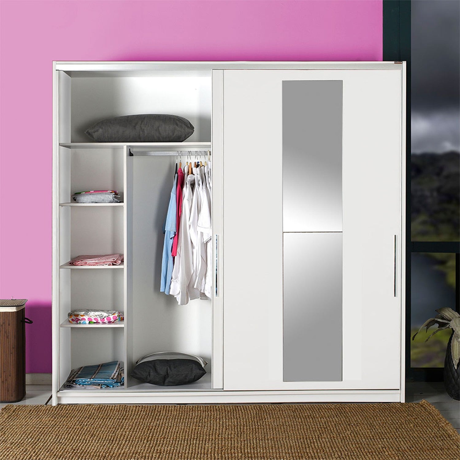 Armoire 2 portes coulissantes et 3 tringles avec miroir Hoteo L160cm Blanc