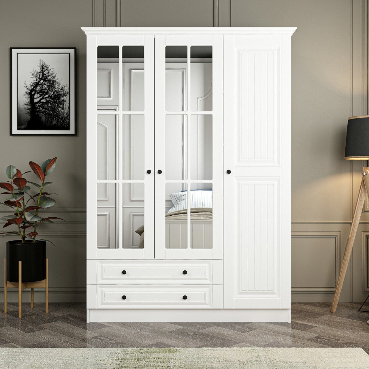 Armoire 3 portes, 2 tiroirs et 12 miroirs Pasir L135xH190cm Blanc