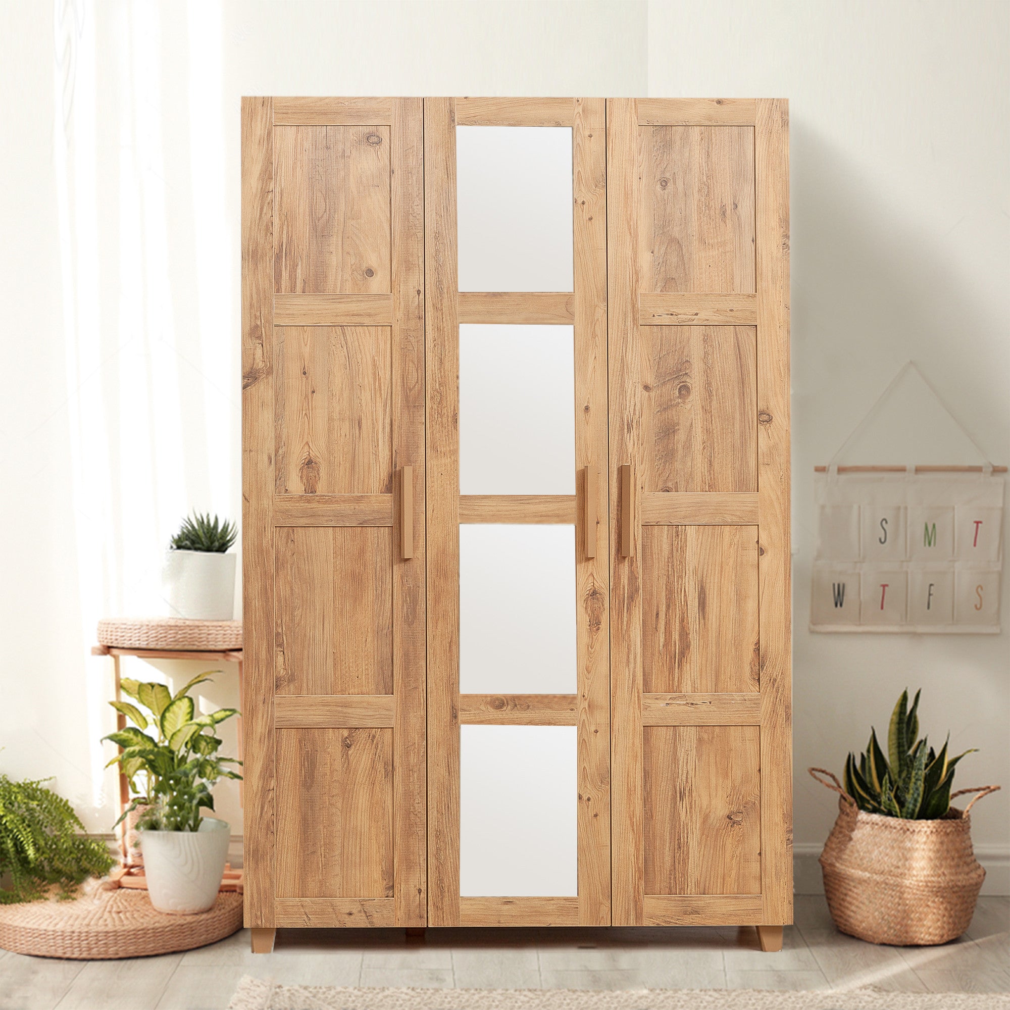 Armoire 3 portes avec miroirs Thoris L120cm Pin