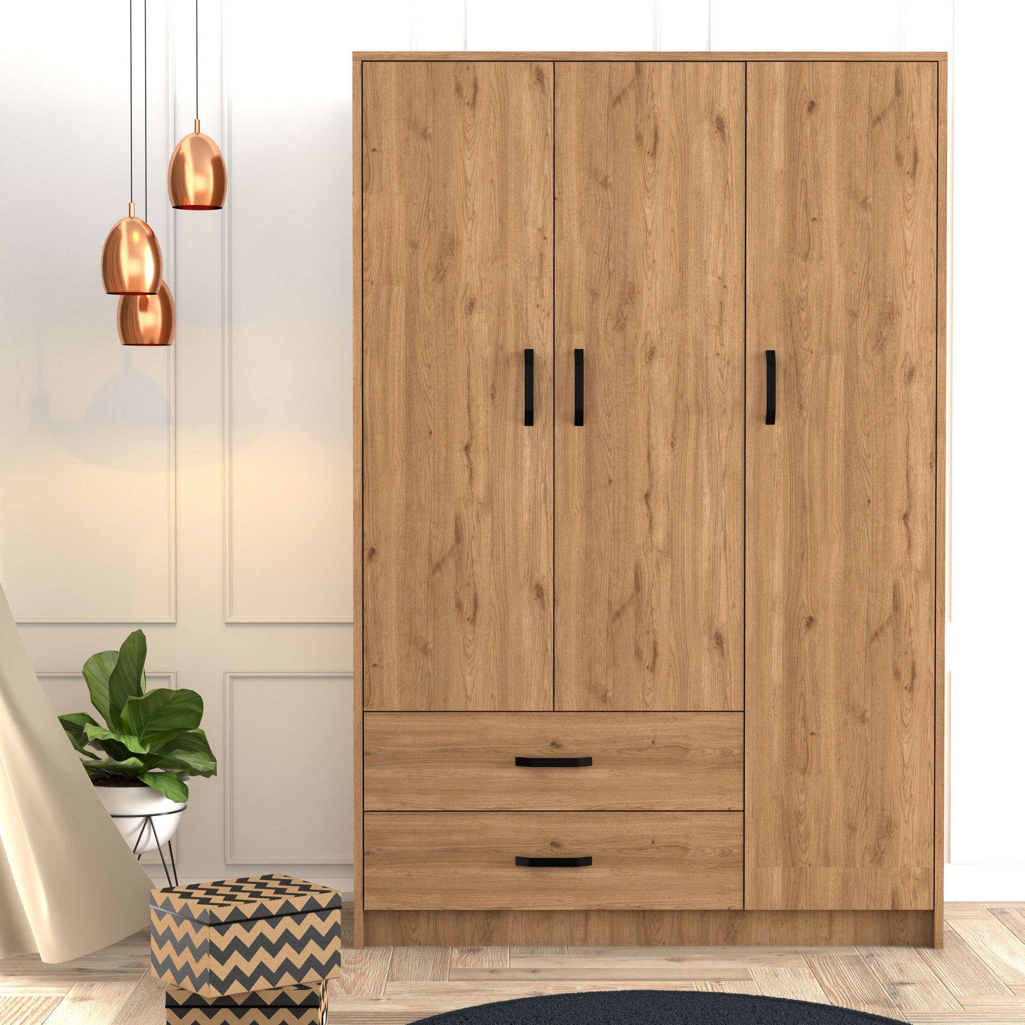 Armoire 3 portes et 2 tiroirs Dawsonly L120cm Chêne clair