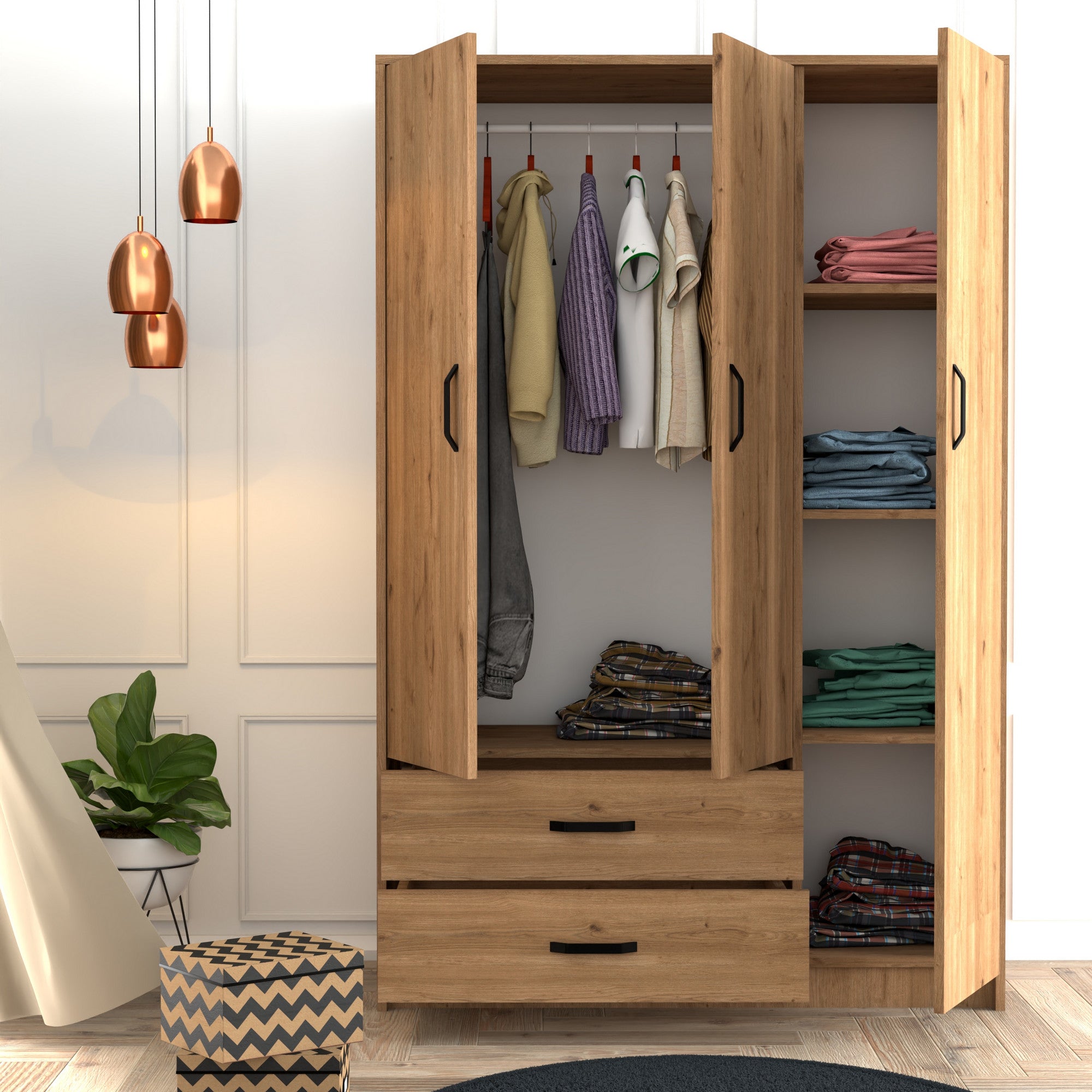 Armoire 3 portes et 2 tiroirs Dawsonly L120cm Chêne clair