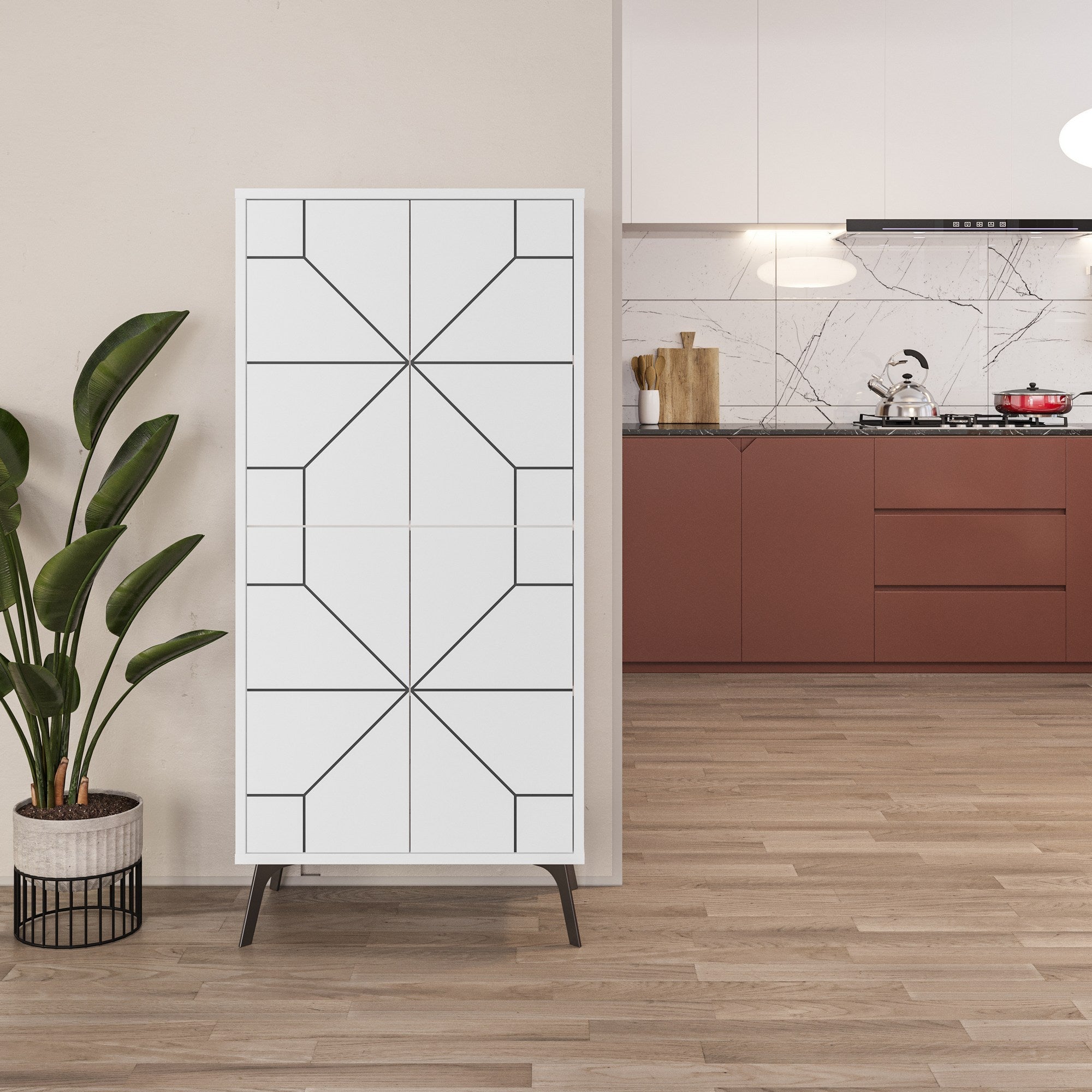 Armoire 4 portes Santos H136cm Motif Géométrique Blanc