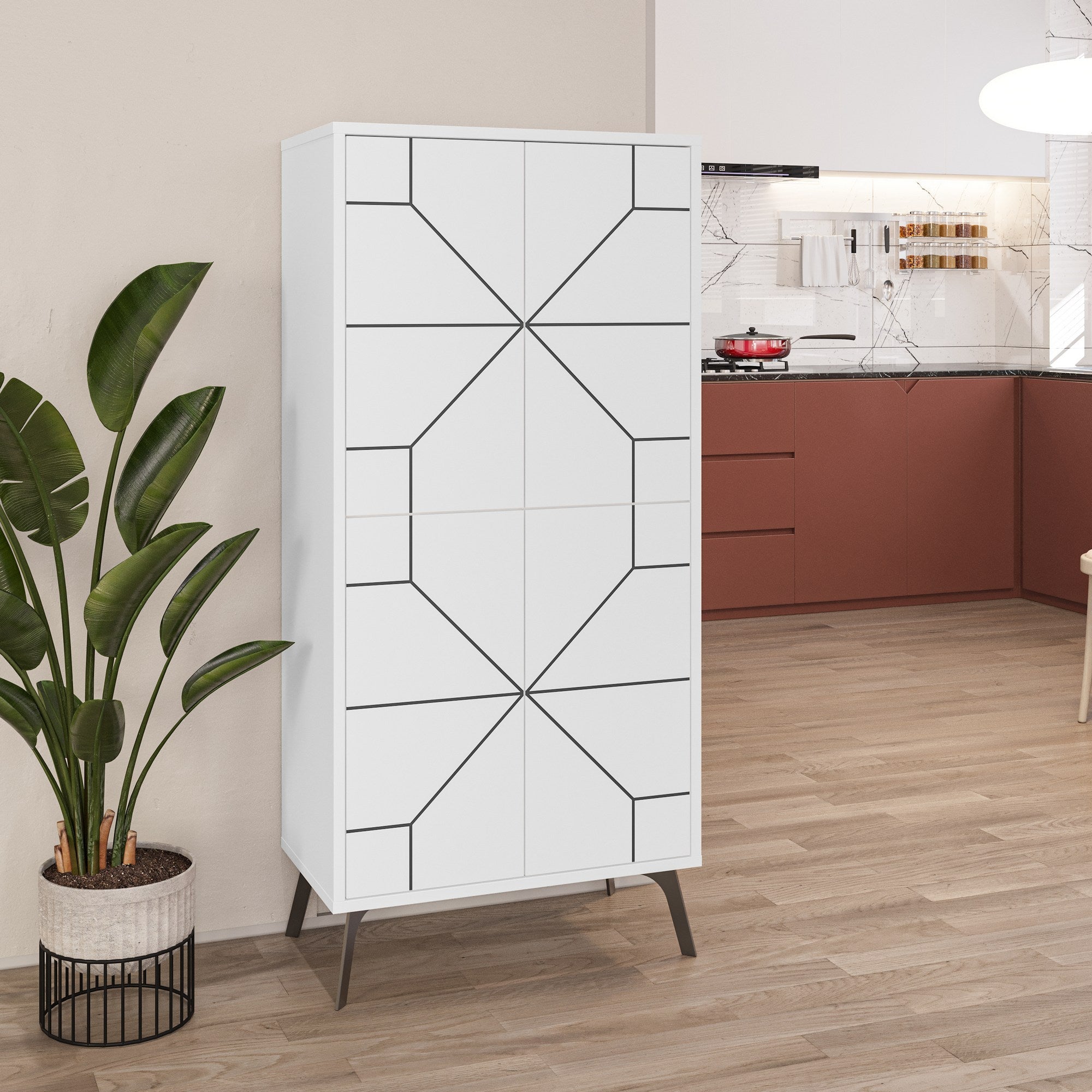 Armoire 4 portes Santos H136cm Motif Géométrique Blanc